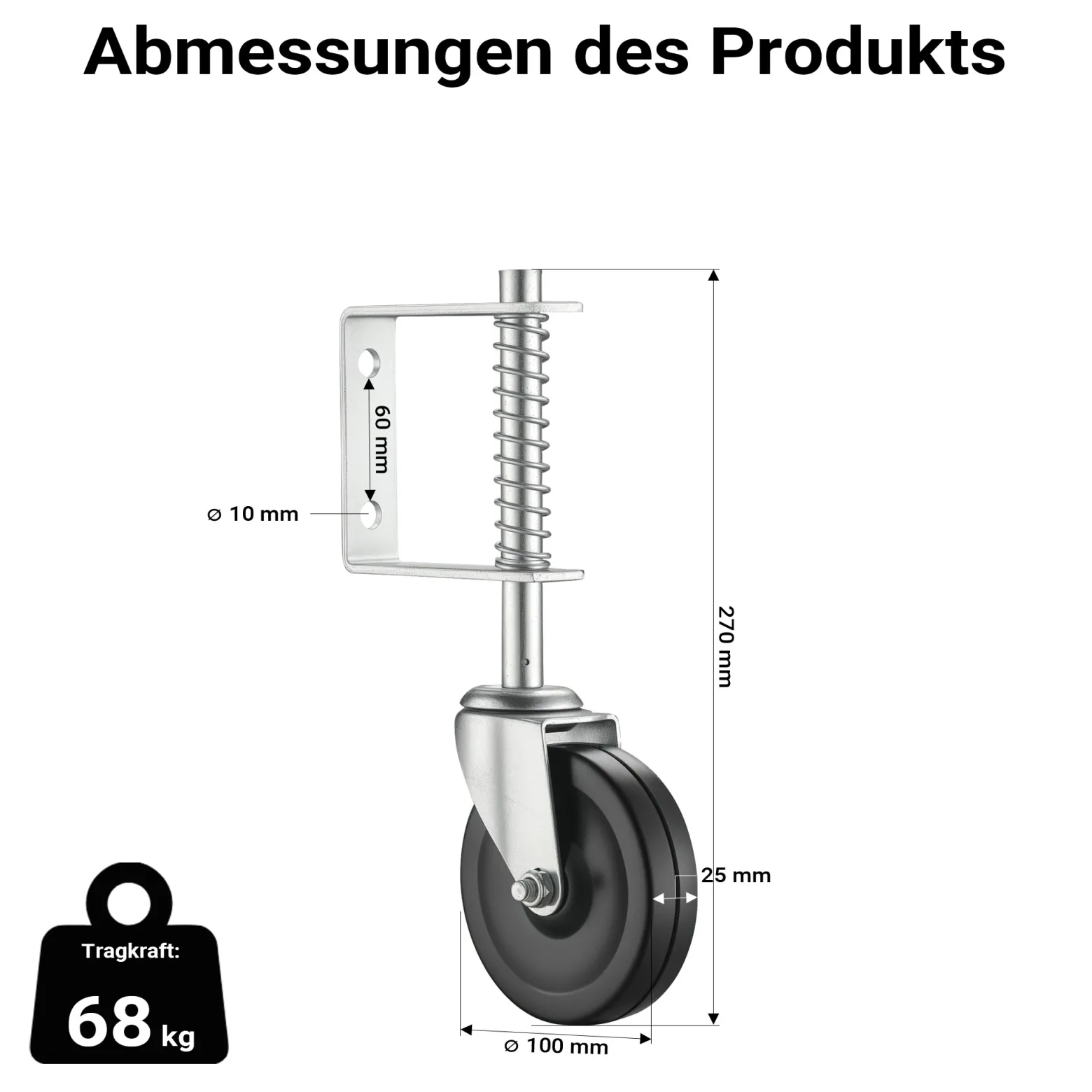 Wiltec gefederte Torlaufrolle, Schiebetorrolle bis 68 kg, Laufrolle mit 100 mm PVC-Rad, Lenkrolle für Schiebetor und Gartentor, hochwertige Torrolle