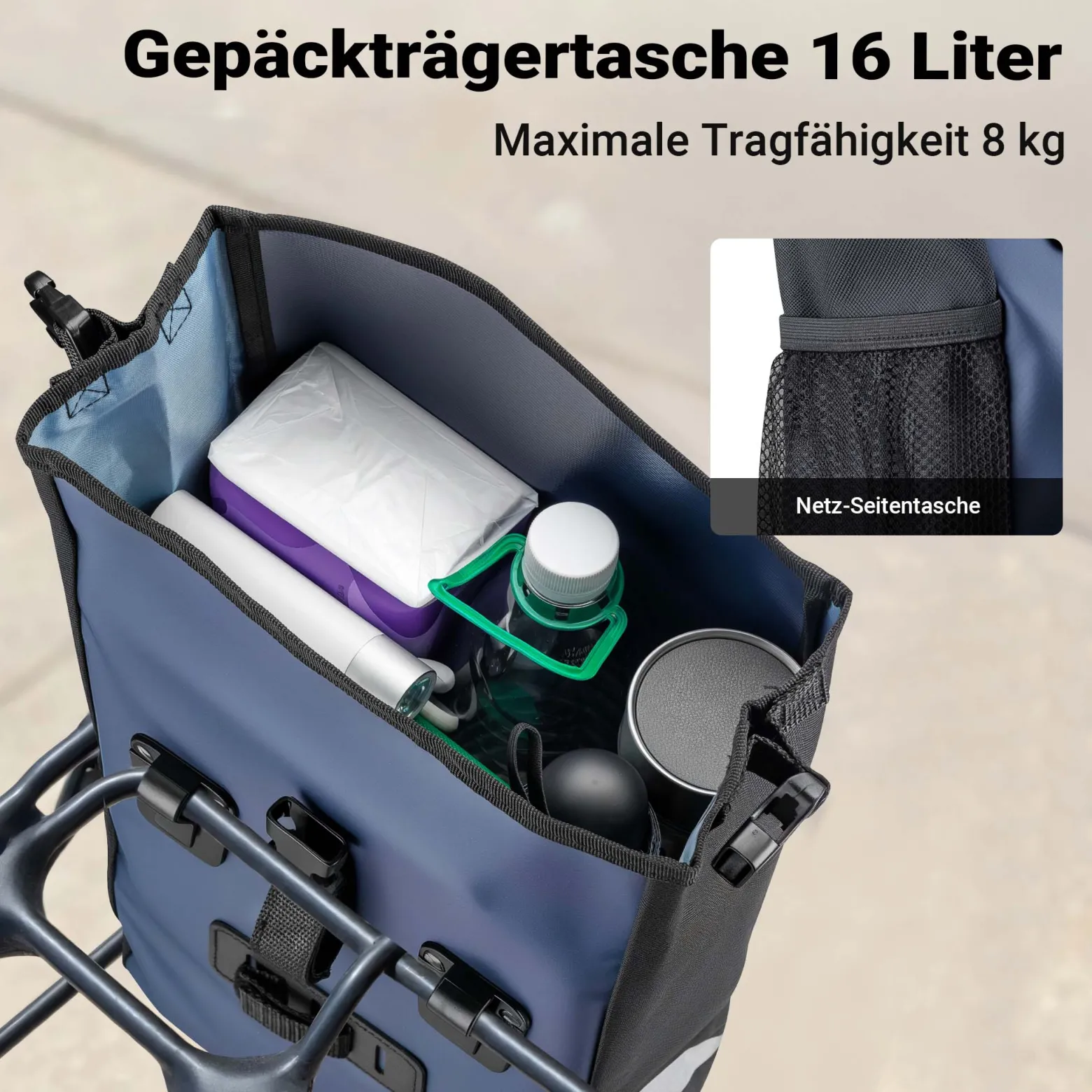 Wiltec Gepäckträgertasche blau, Fahrradtasche Gepäckträger 16 l Stauraum, Gepäcktasche mit Tragegurt, wasserresistente Fahrrad Tasche