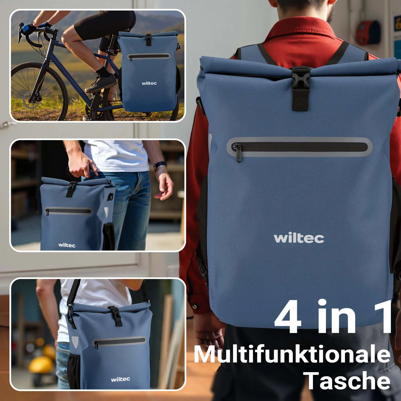 Wiltec Gepäckträgertasche blau, Fahrradtasche Rucksack 20 l Stauraum, Gepäcktasche mit Laptopfach, wasserresistente Fahrrad Tasche