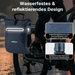 Wiltec Gepäckträgertasche blau, Fahrradtasche Rucksack 20 l Stauraum, Gepäcktasche mit Laptopfach, wasserresistente Fahrrad Tasche