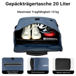 Wiltec Gepäckträgertasche blau, Fahrradtasche Rucksack 20 l Stauraum, Gepäcktasche mit Laptopfach, wasserresistente Fahrrad Tasche