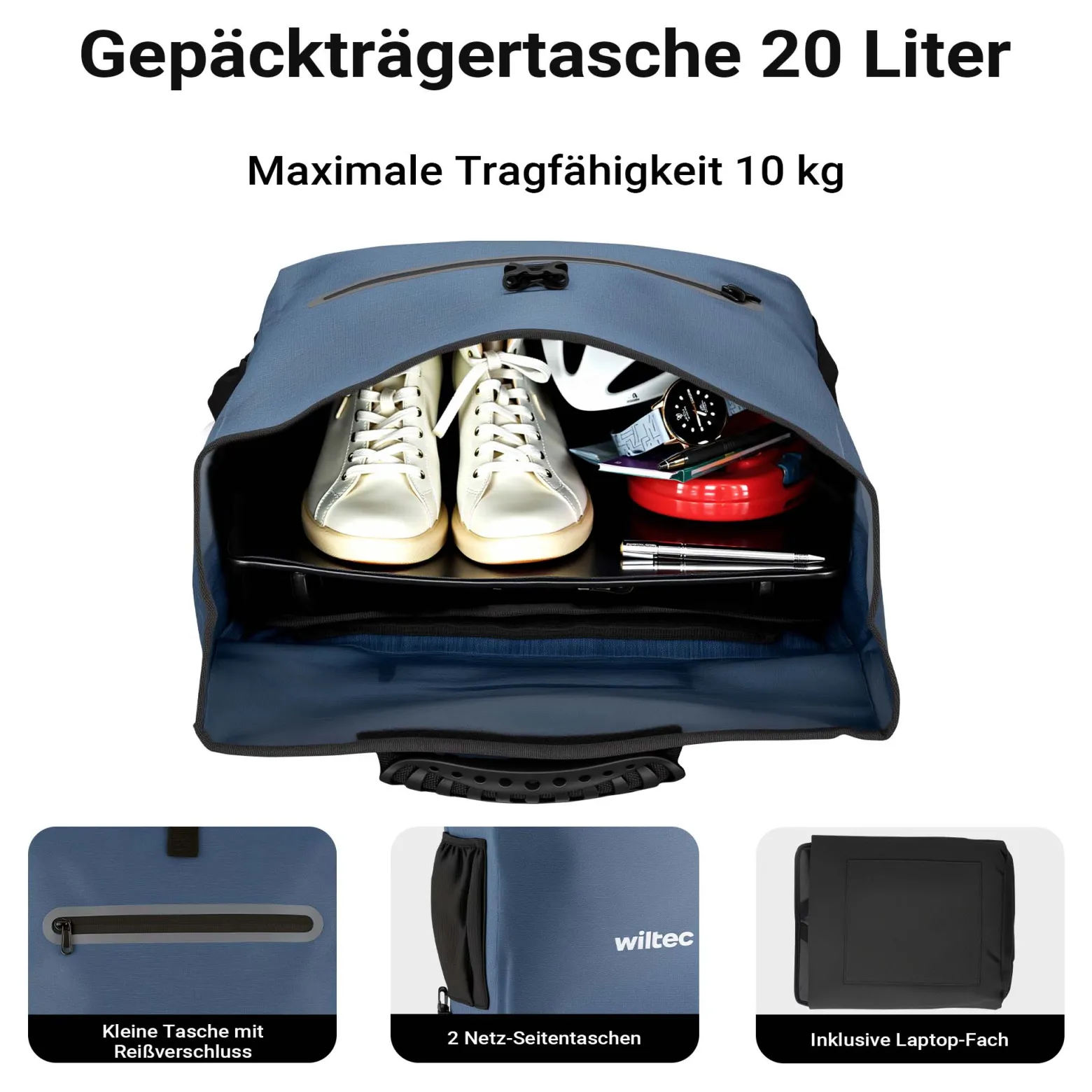 Wiltec Gepäckträgertasche blau, Fahrradtasche Rucksack 20 l Stauraum, Gepäcktasche mit Laptopfach, wasserresistente Fahrrad Tasche