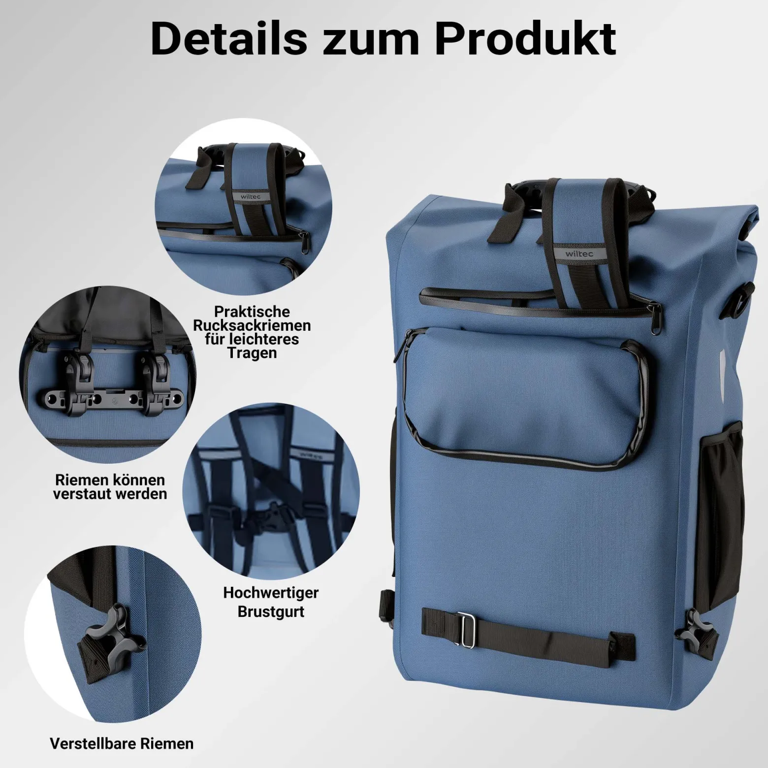 Wiltec Gepäckträgertasche blau, Fahrradtasche Rucksack 20 l Stauraum, Gepäcktasche mit Laptopfach, wasserresistente Fahrrad Tasche