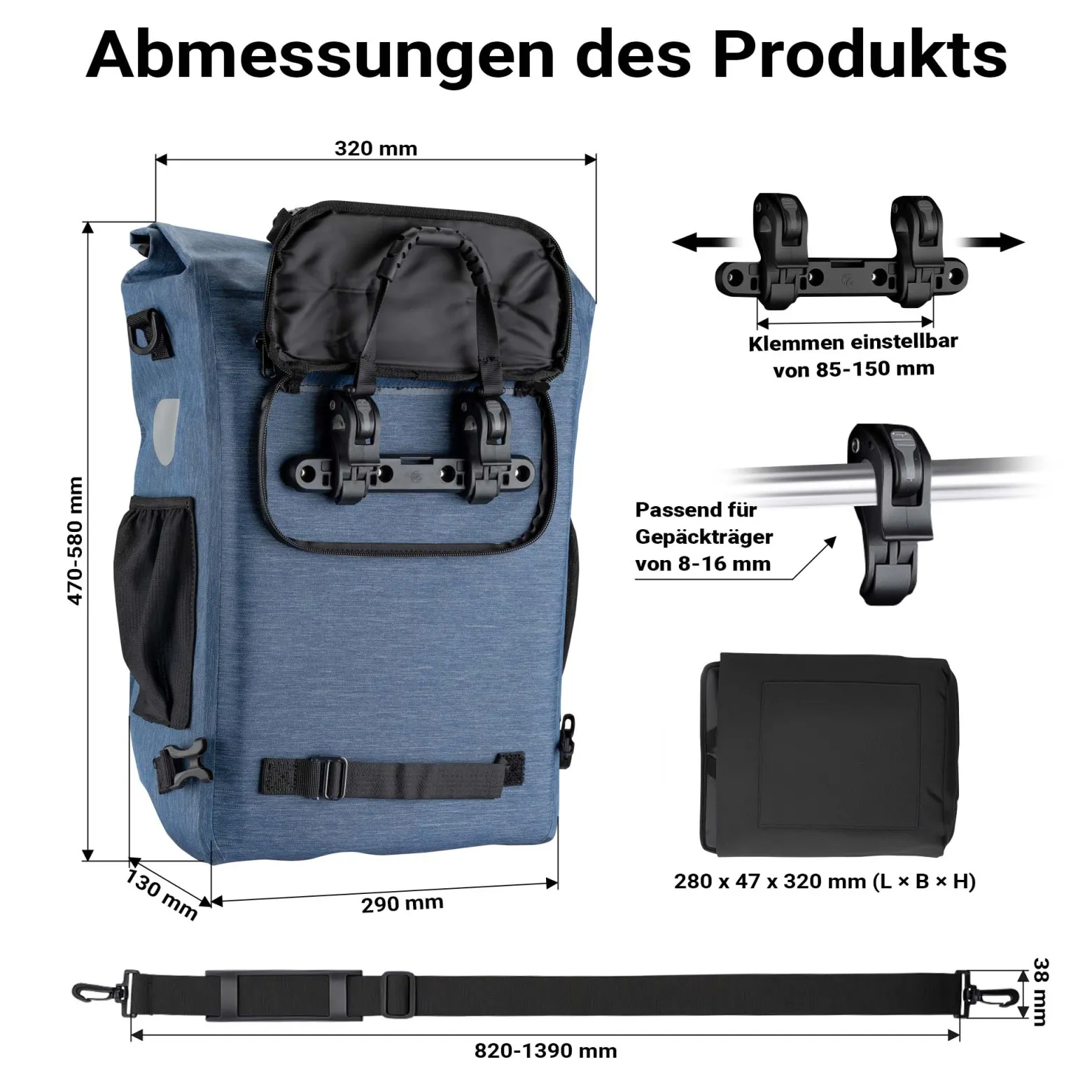 Wiltec Gepäckträgertasche blau, Fahrradtasche Rucksack 20 l Stauraum, Gepäcktasche mit Laptopfach, wasserresistente Fahrrad Tasche