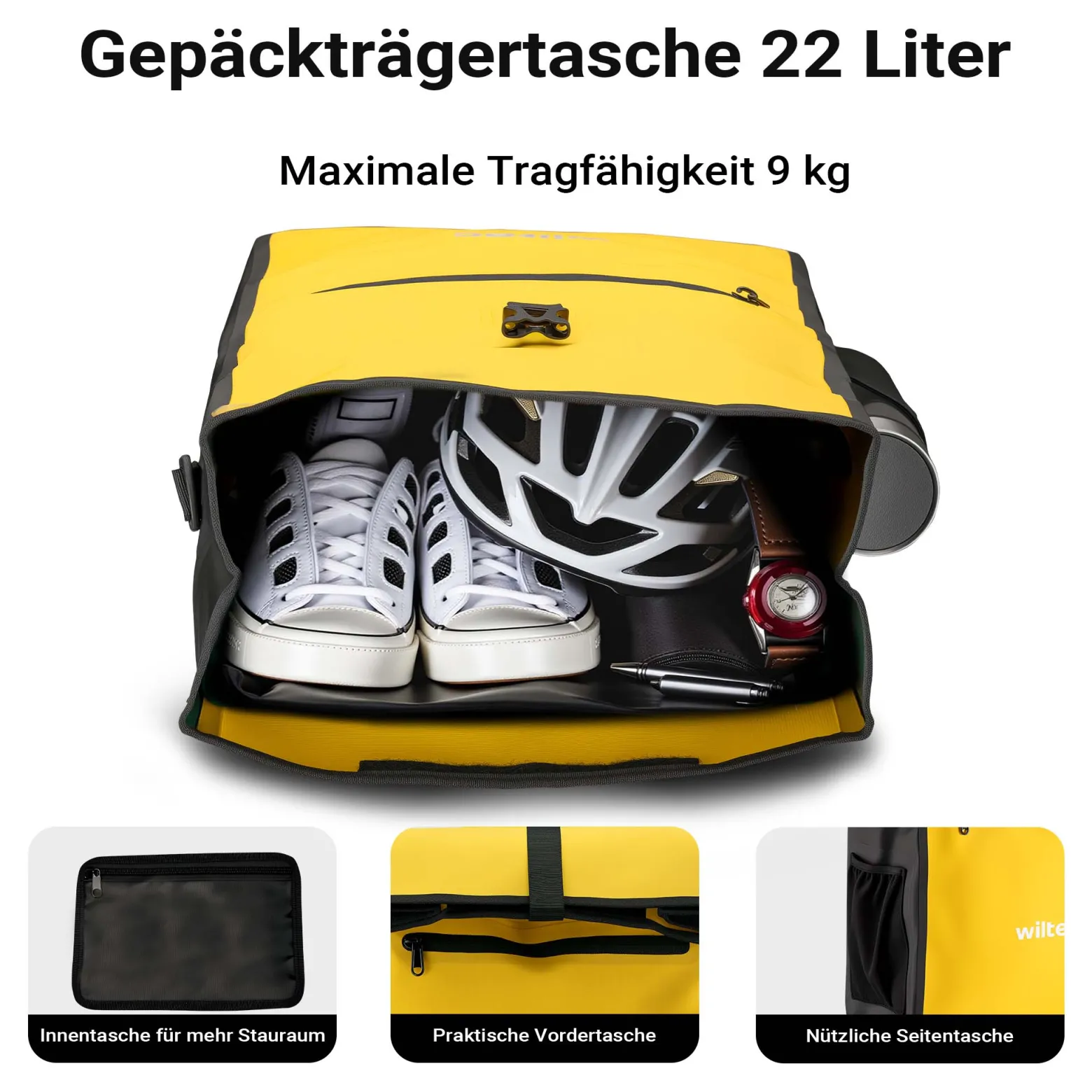 Wiltec Gepäckträgertasche gelb, Fahrradtasche Gepäckträger 22 l Stauraum, wasserresistente Fahrrad Tasche, Gepäcktasche leichte Handhabung
