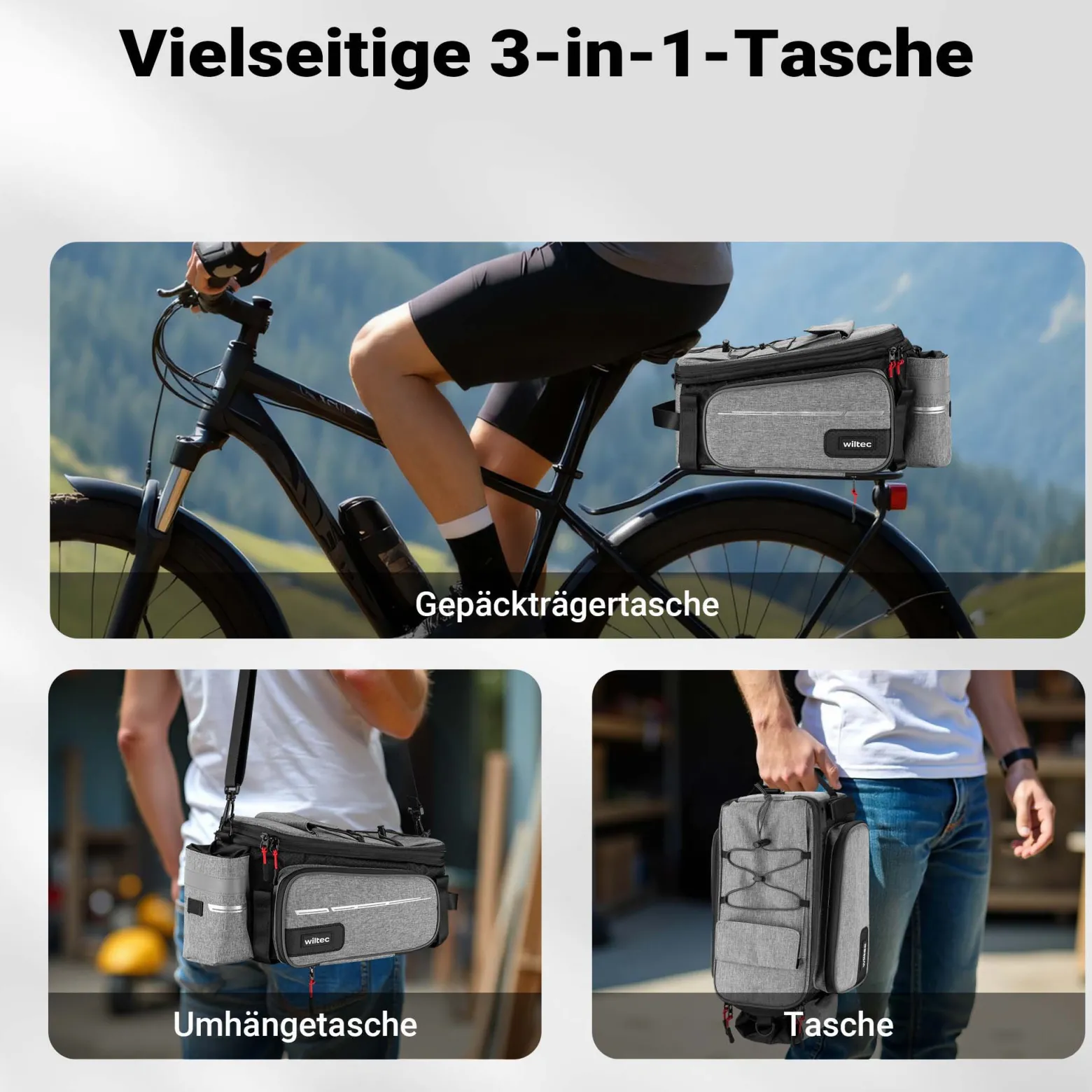 Wiltec Gepäckträgertasche grau, Fahrradtasche Gepäckträger bis 20 l Stauraum, wasserresistente Fahrrad Tasche, Gepäcktasche leichte Handhabung