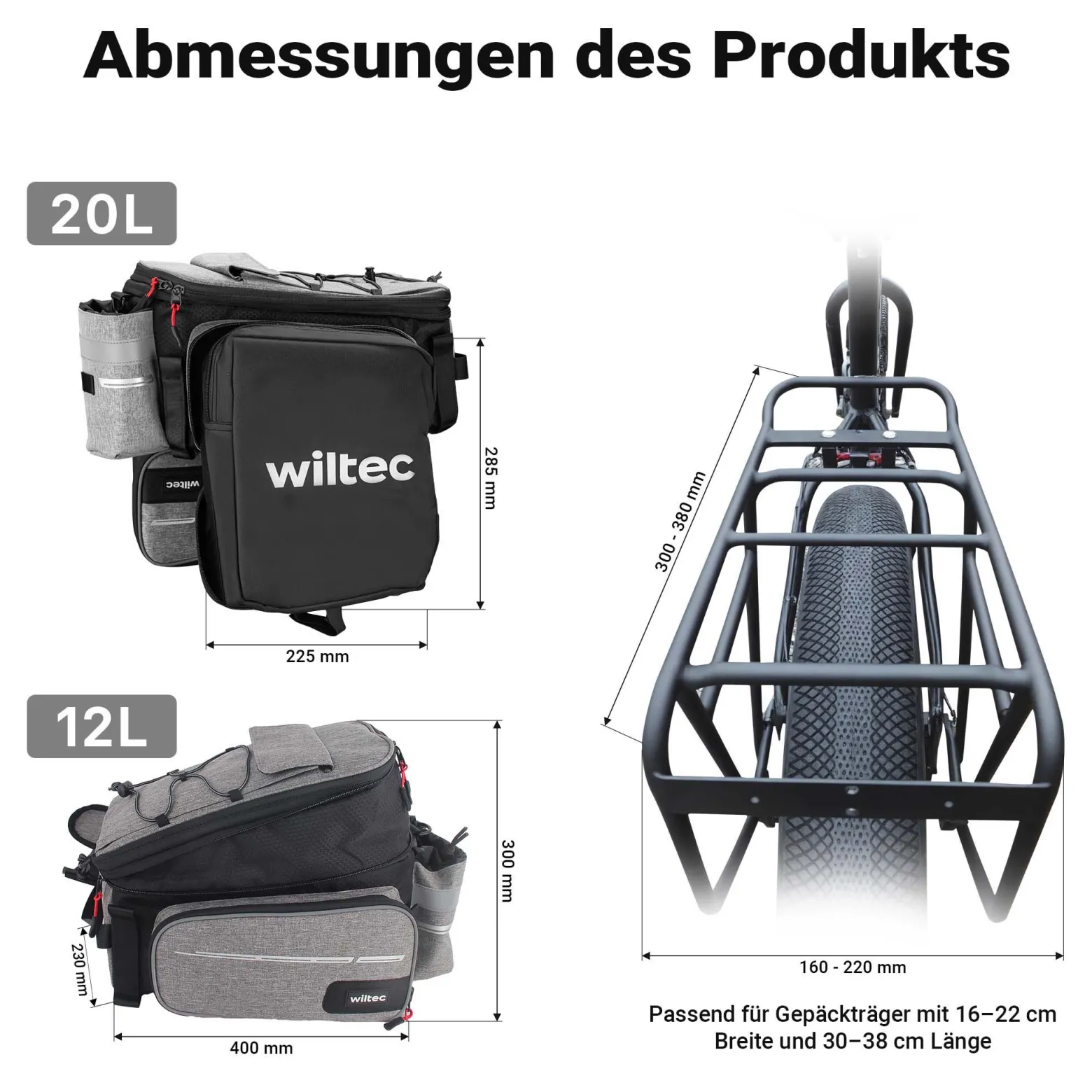 Wiltec Gepäckträgertasche grau, Fahrradtasche Gepäckträger bis 20 l Stauraum, wasserresistente Fahrrad Tasche, Gepäcktasche leichte Handhabung