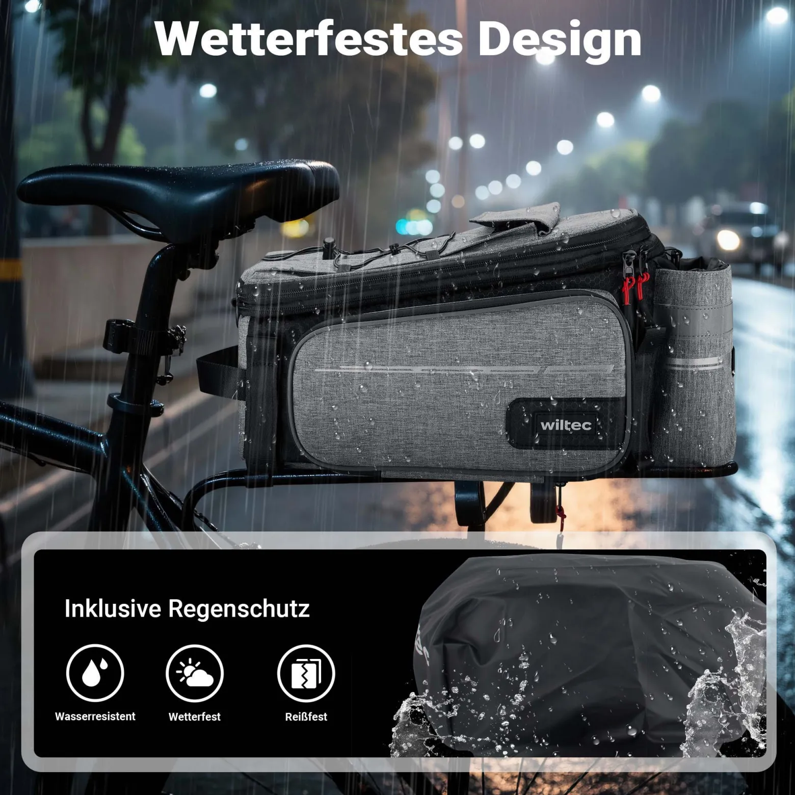Wiltec Gepäckträgertasche grau, Fahrradtasche Gepäckträger bis 20 l Stauraum, wasserresistente Fahrrad Tasche, Gepäcktasche leichte Handhabung