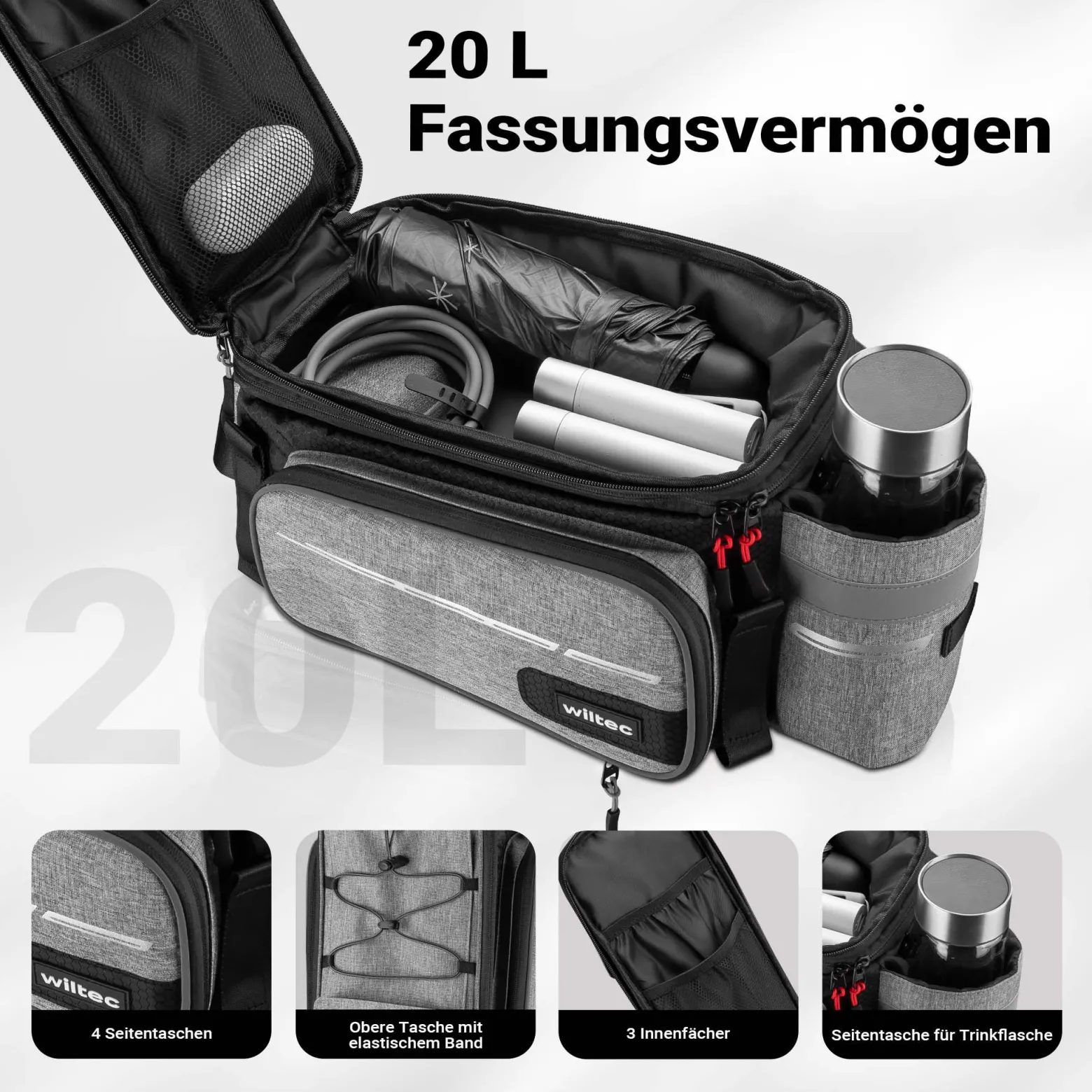 Wiltec Gepäckträgertasche grau, Fahrradtasche Gepäckträger bis 20 l Stauraum, wasserresistente Fahrrad Tasche, Gepäcktasche leichte Handhabung