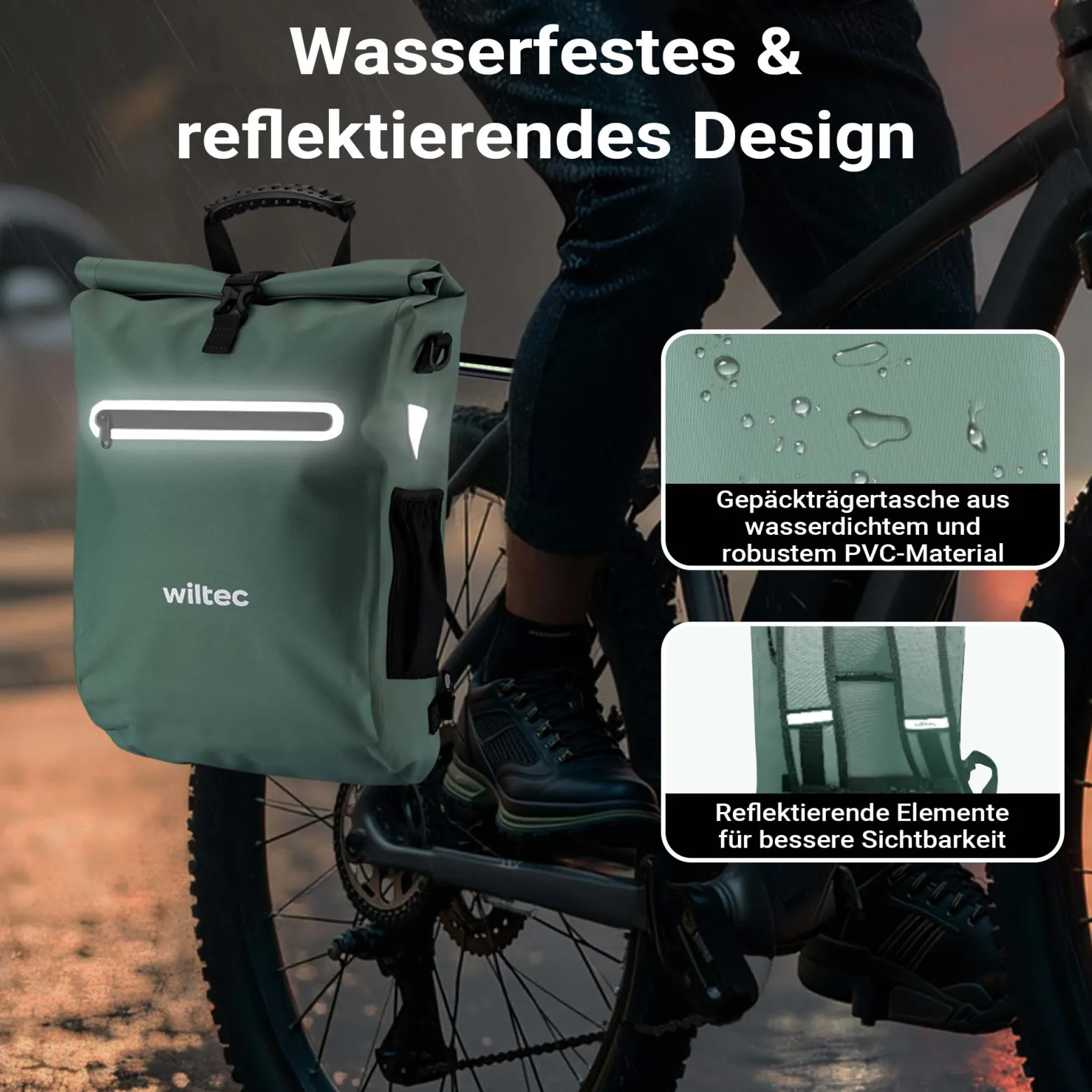 Wiltec Gepäckträgertasche grün, Fahrradtasche Rucksack 20 l Stauraum, Gepäcktasche mit Laptopfach, wasserresistente Fahrrad Tasche