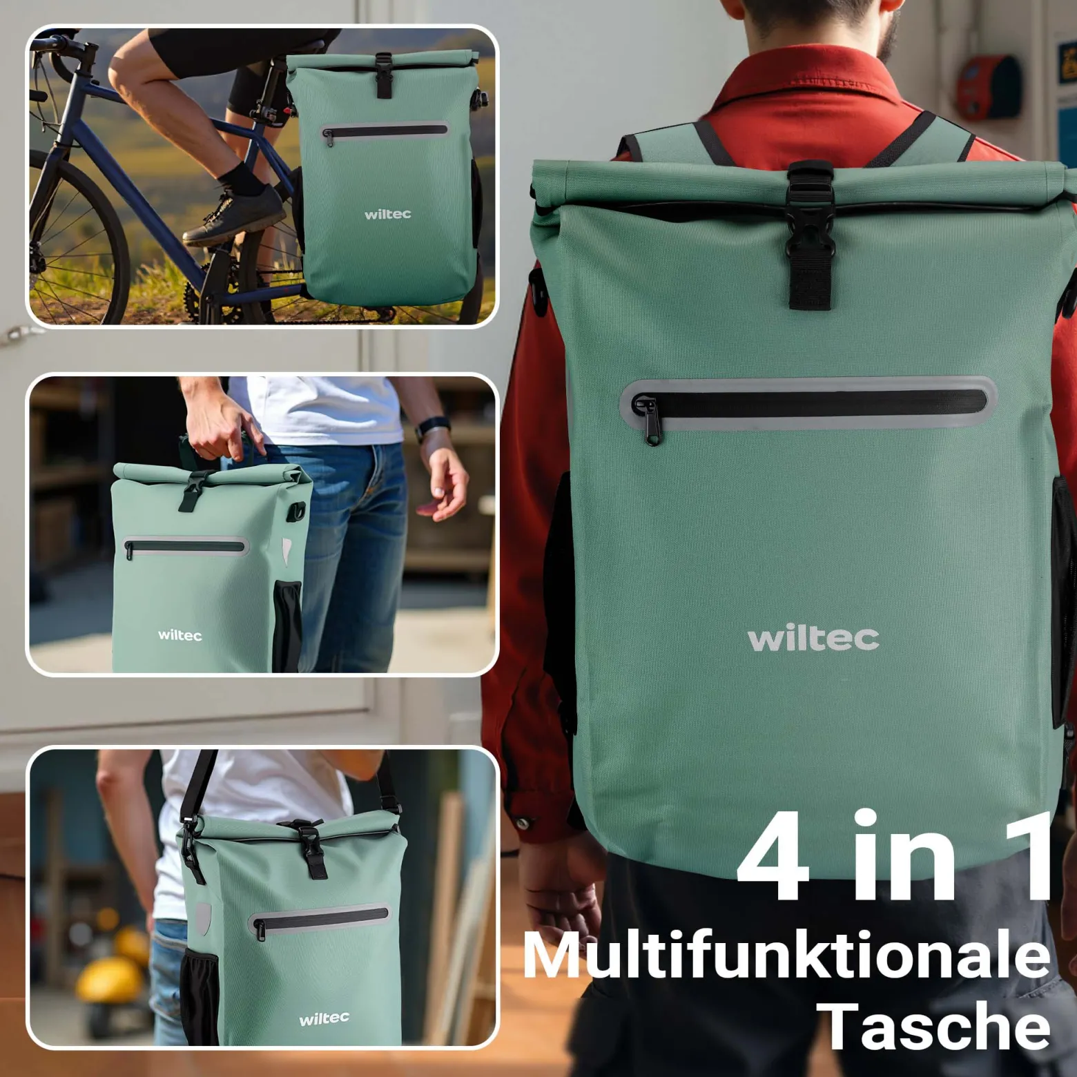 Wiltec Gepäckträgertasche grün, Fahrradtasche Rucksack 20 l Stauraum, Gepäcktasche mit Laptopfach, wasserresistente Fahrrad Tasche