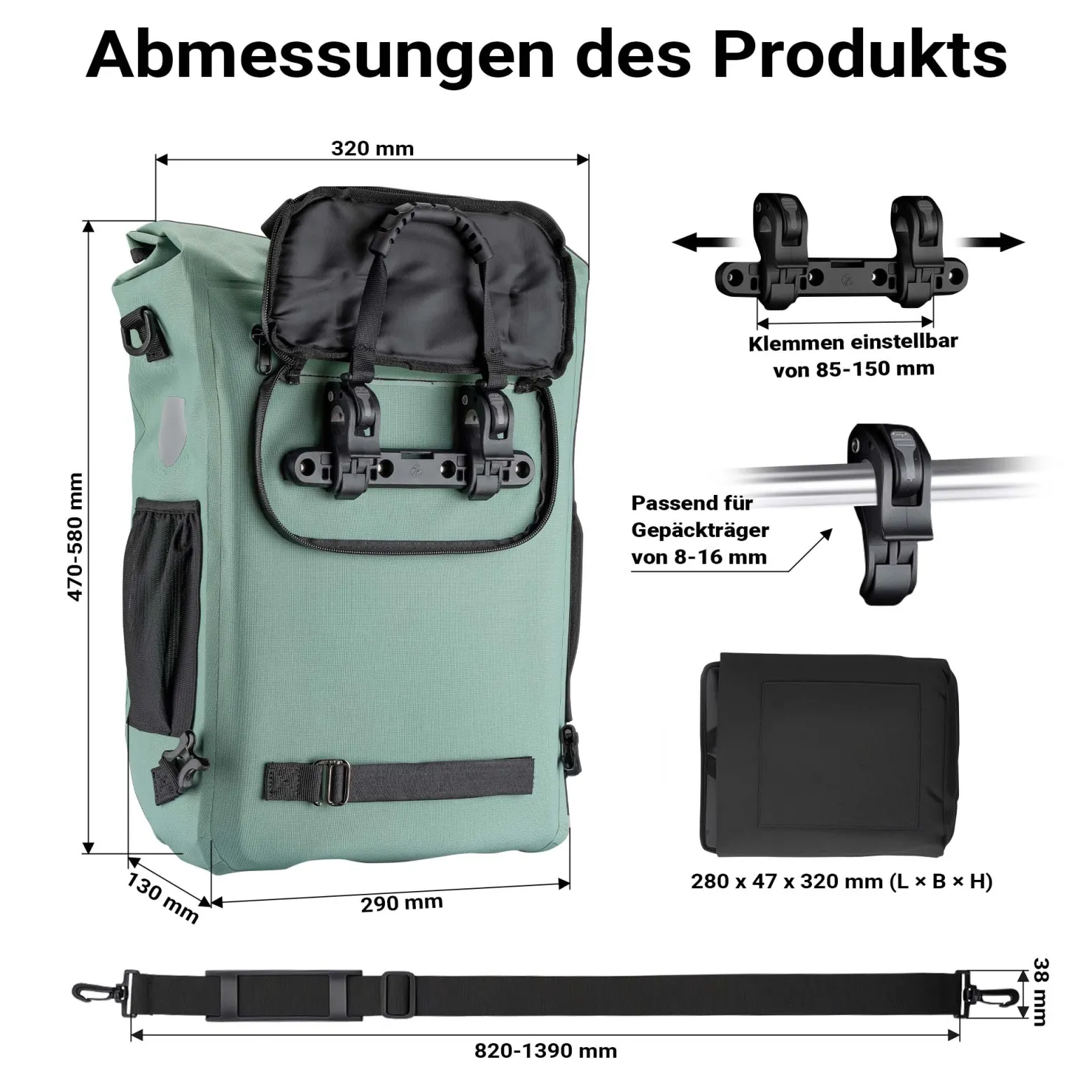 Wiltec Gepäckträgertasche grün, Fahrradtasche Rucksack 20 l Stauraum, Gepäcktasche mit Laptopfach, wasserresistente Fahrrad Tasche