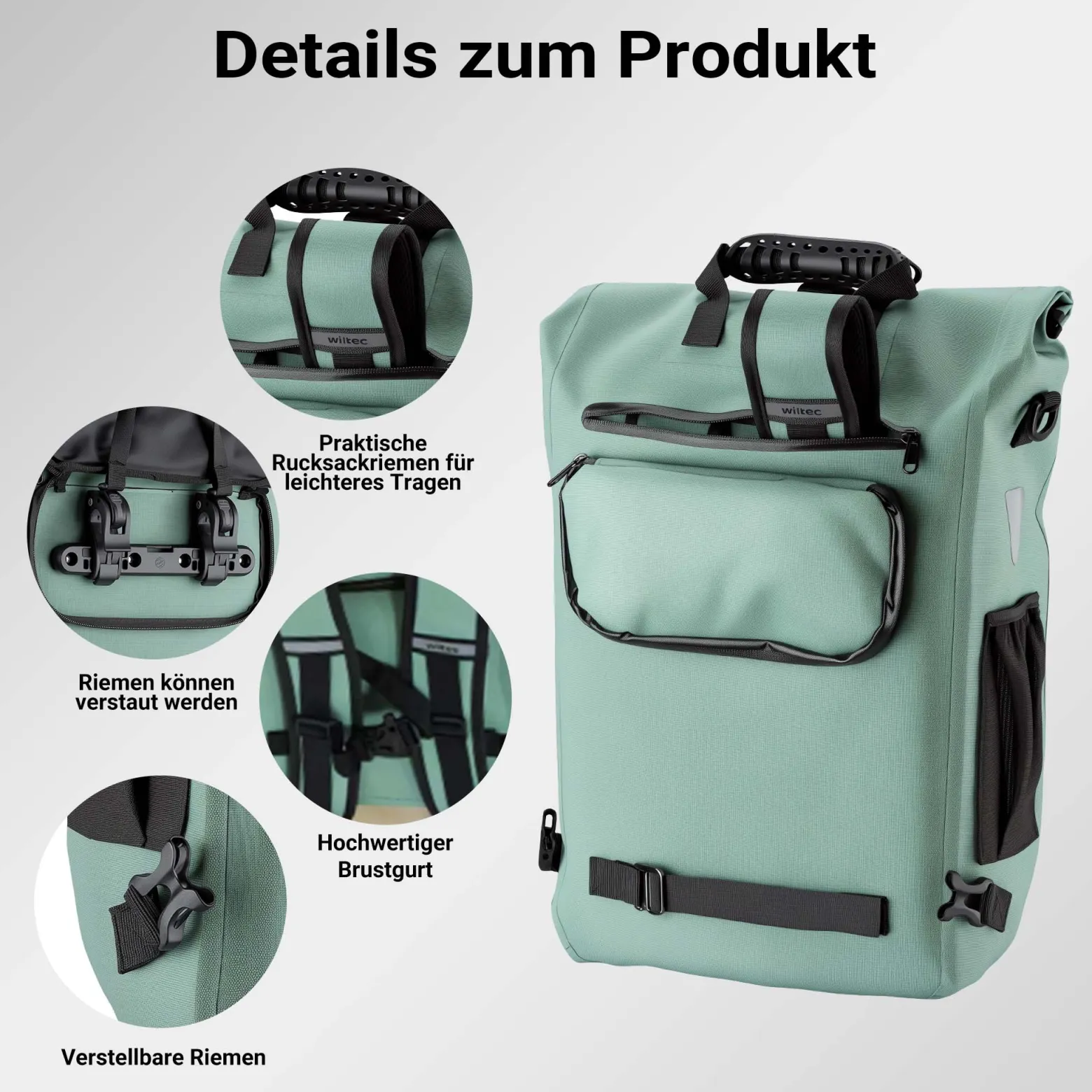 Wiltec Gepäckträgertasche grün, Fahrradtasche Rucksack 20 l Stauraum, Gepäcktasche mit Laptopfach, wasserresistente Fahrrad Tasche