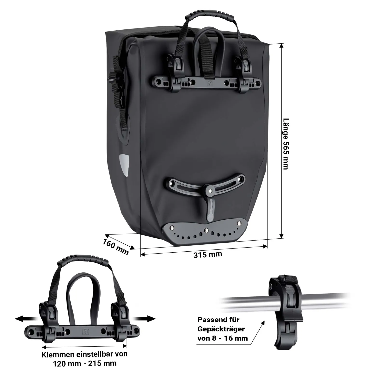 Wiltec Gepäckträgertasche 25 l Stauraum, Fahrradtasche für Gepäckträger Ø 8-16 mm, Gepäcktasche mit Tragegurt, wasserresistente Fahrrad Tasche