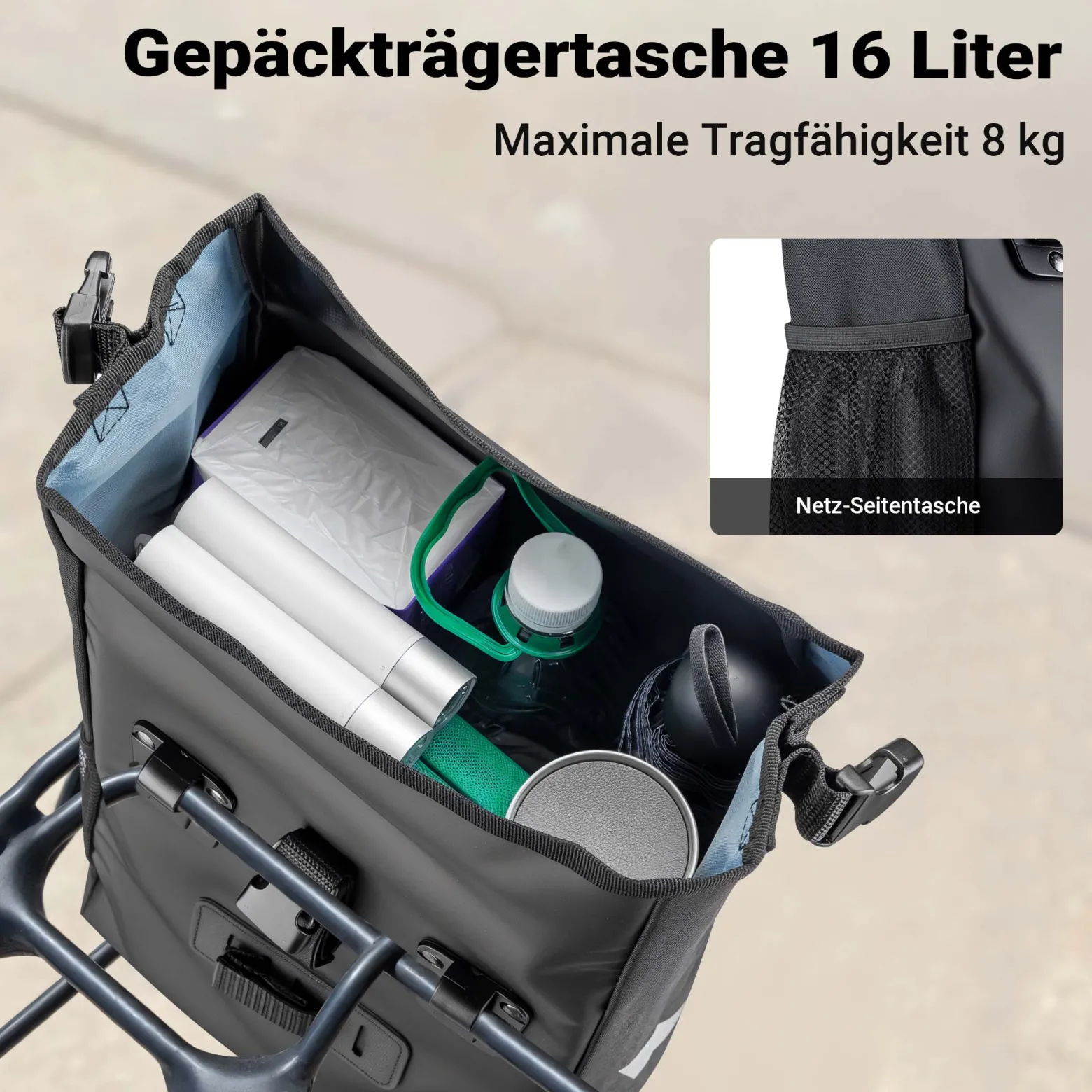 Wiltec Gepäckträgertasche matt schwarz, Fahrradtasche Gepäckträger 16 l Stauraum, Gepäcktasche mit Tragegurt, wasserresistente Fahrrad Tasche