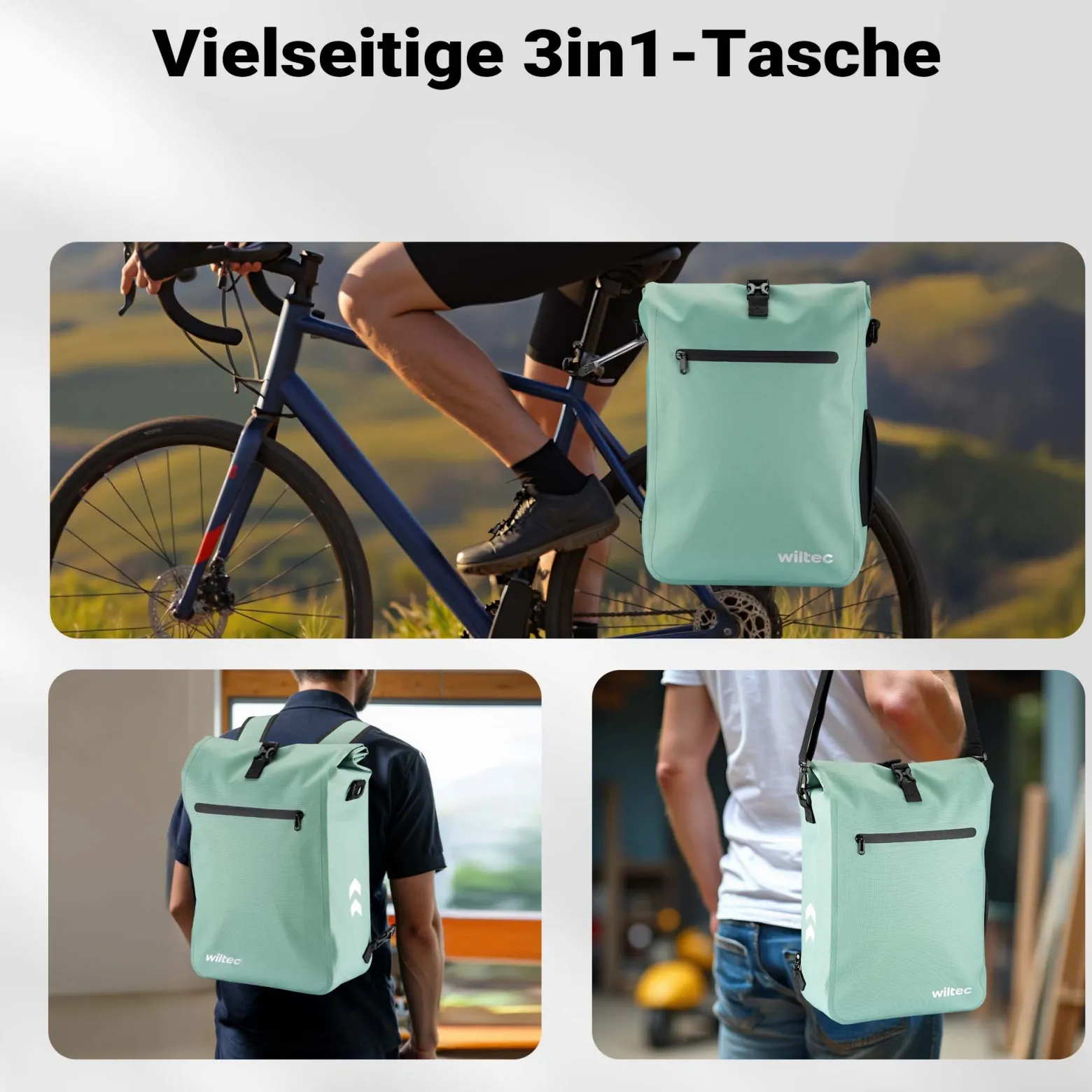 Wiltec Gepäckträgertasche mintgrün, Fahrradtasche Rucksack 25 l Stauraum, Gepäcktasche mit Laptopfach, wasserresistente Fahrrad Tasche