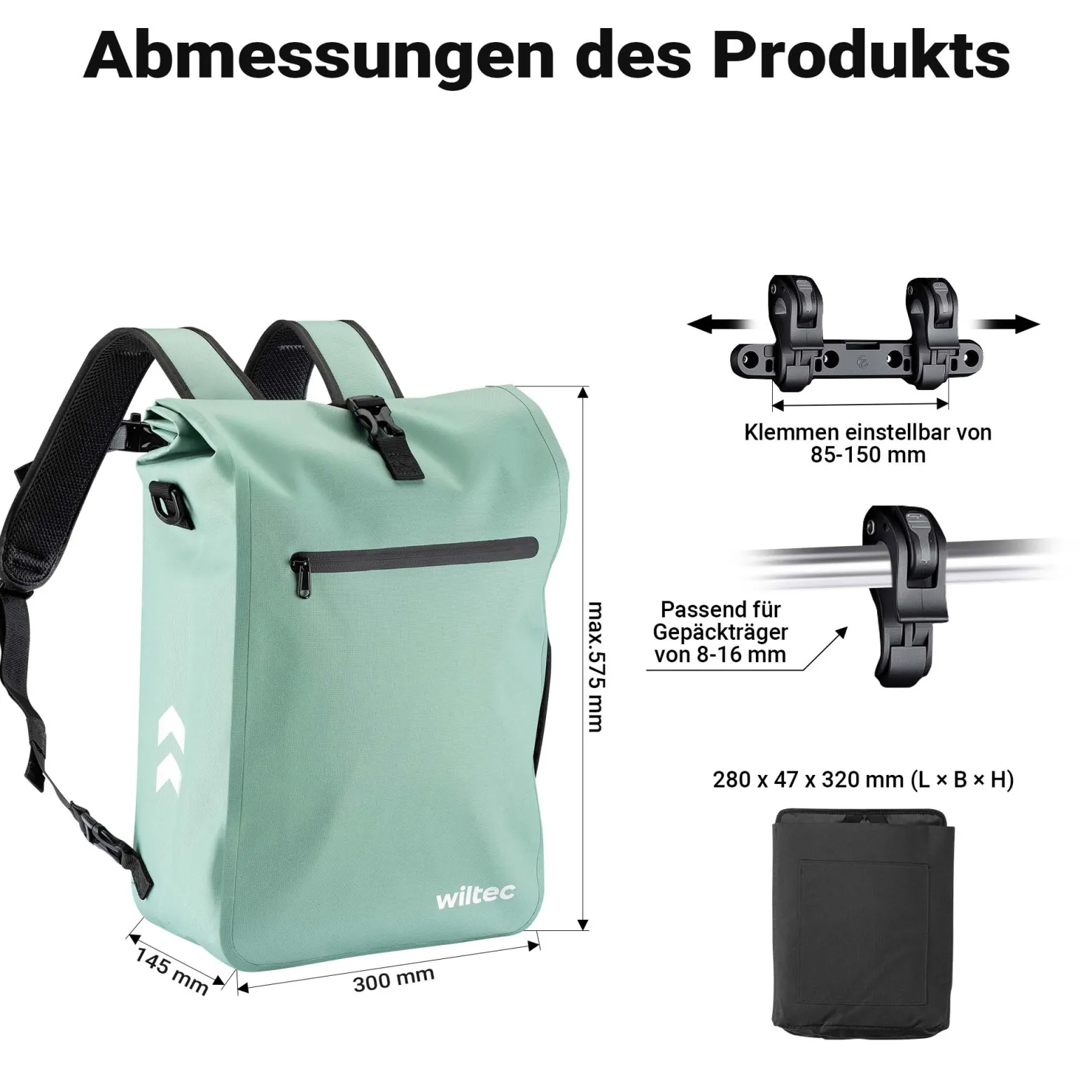 Wiltec Gepäckträgertasche mintgrün, Fahrradtasche Rucksack 25 l Stauraum, Gepäcktasche mit Laptopfach, wasserresistente Fahrrad Tasche