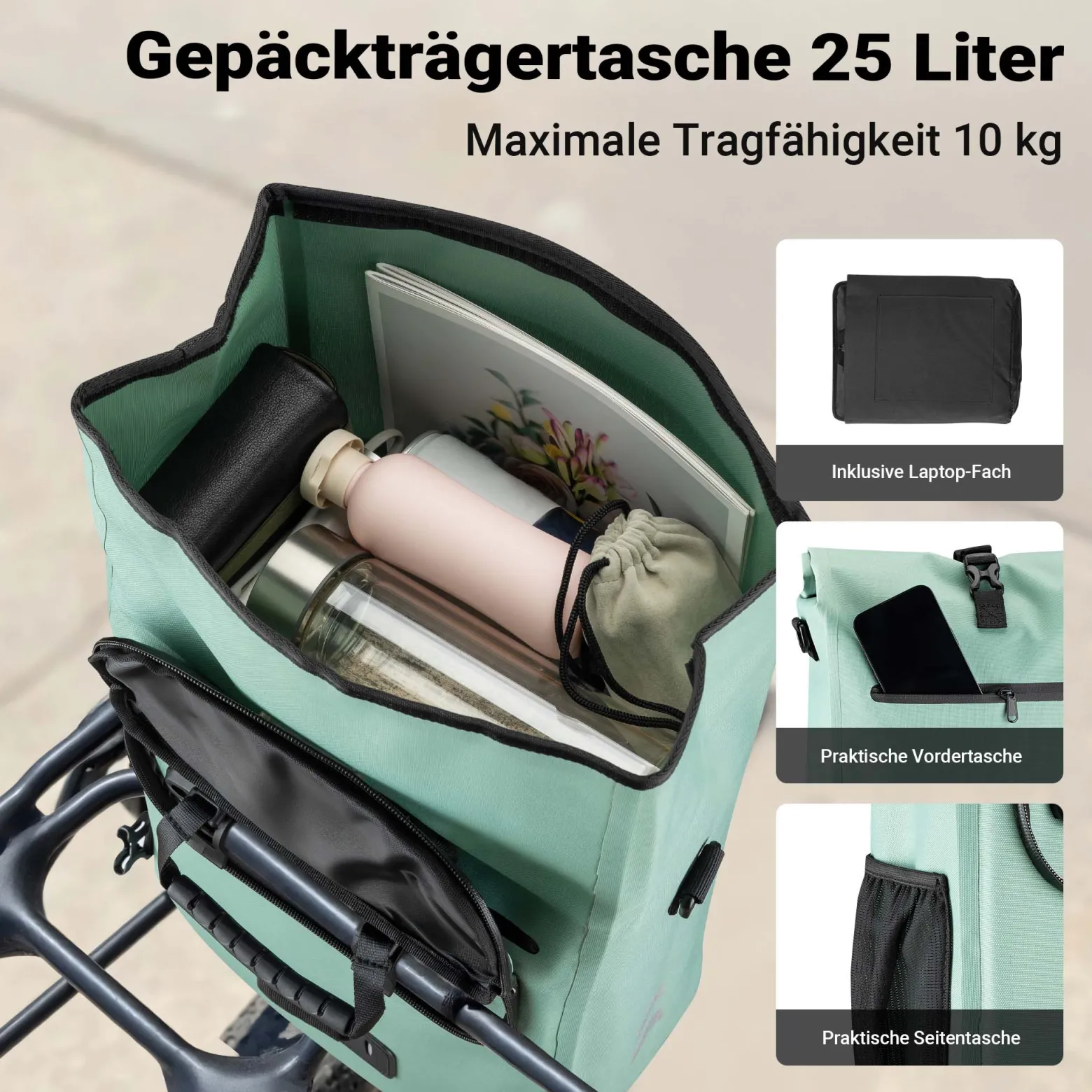 Wiltec Gepäckträgertasche mintgrün, Fahrradtasche Rucksack 25 l Stauraum, Gepäcktasche mit Laptopfach, wasserresistente Fahrrad Tasche