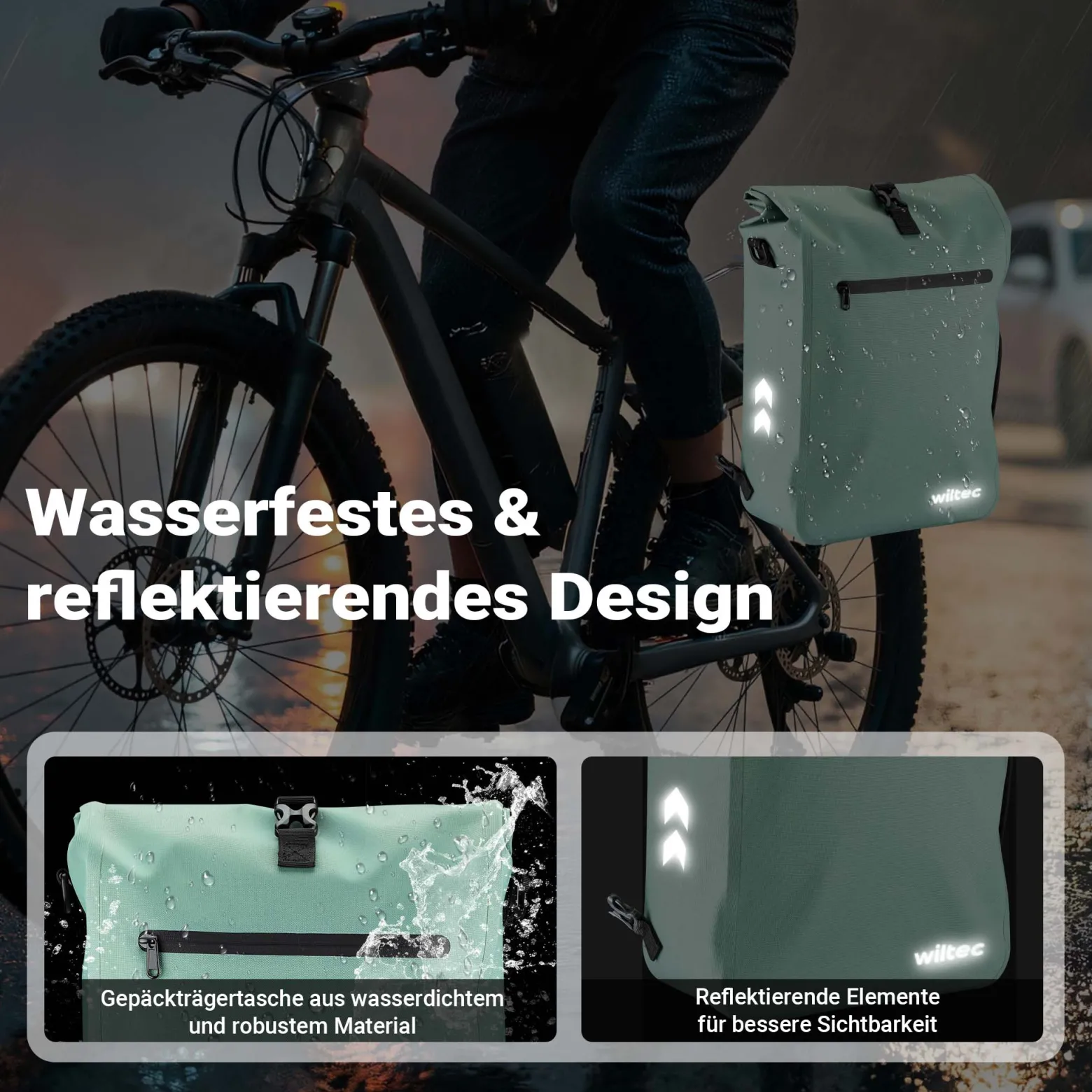 Wiltec Gepäckträgertasche mintgrün, Fahrradtasche Rucksack 25 l Stauraum, Gepäcktasche mit Laptopfach, wasserresistente Fahrrad Tasche