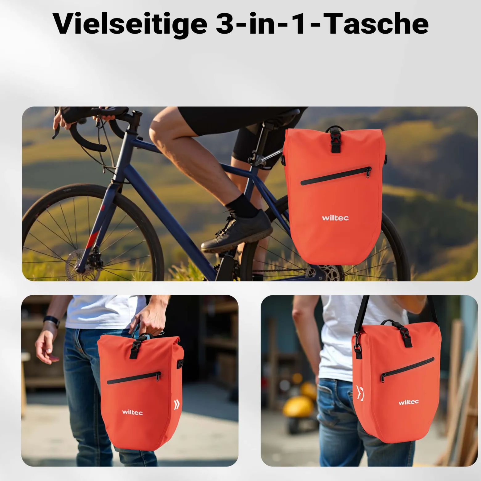 Wiltec Gepäckträgertasche rot, Fahrradtasche Gepäckträger 28 l Stauraum, Gepäcktasche mit Tragegurt, wasserresistente Fahrrad Tasche mit Reflektoren