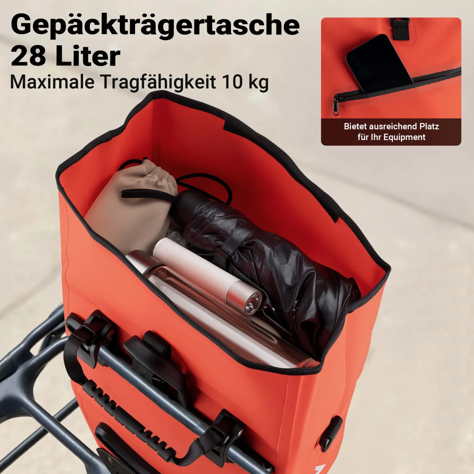 Wiltec Gepäckträgertasche rot, Fahrradtasche Gepäckträger 28 l Stauraum, Gepäcktasche mit Tragegurt, wasserresistente Fahrrad Tasche mit Reflektoren