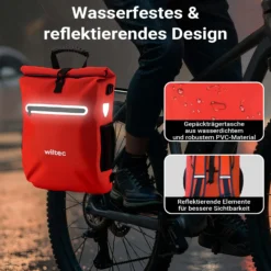 Wiltec Gepäckträgertasche rot, Fahrradtasche Rucksack 20 l Stauraum, Gepäcktasche mit Laptopfach, wasserresistente Fahrrad Tasche