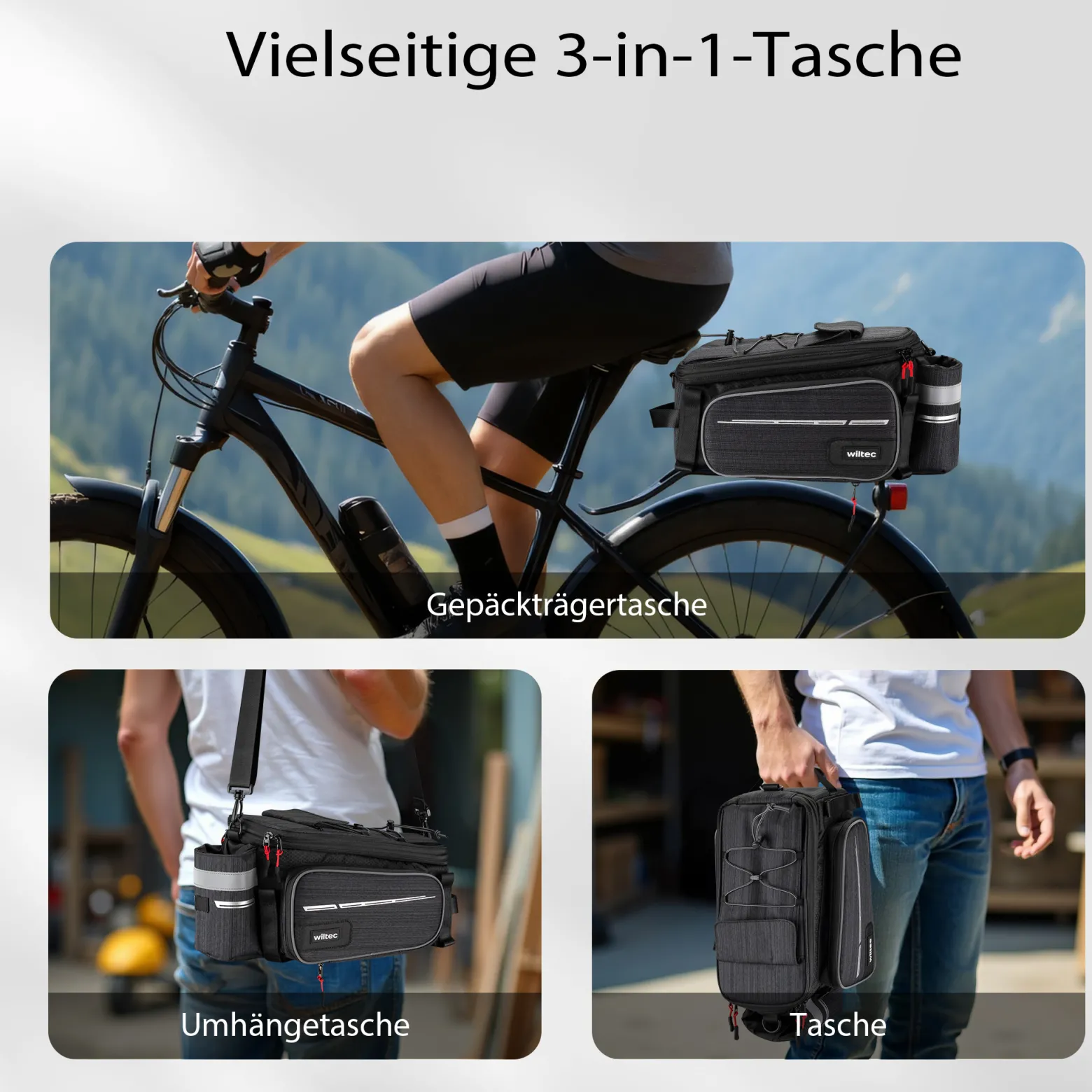 Wiltec Gepäckträgertasche schwarz, Fahrradtasche Gepäckträger bis 20 l Stauraum, wasserresistente Fahrrad Tasche, Gepäcktasche leichte Handhabung