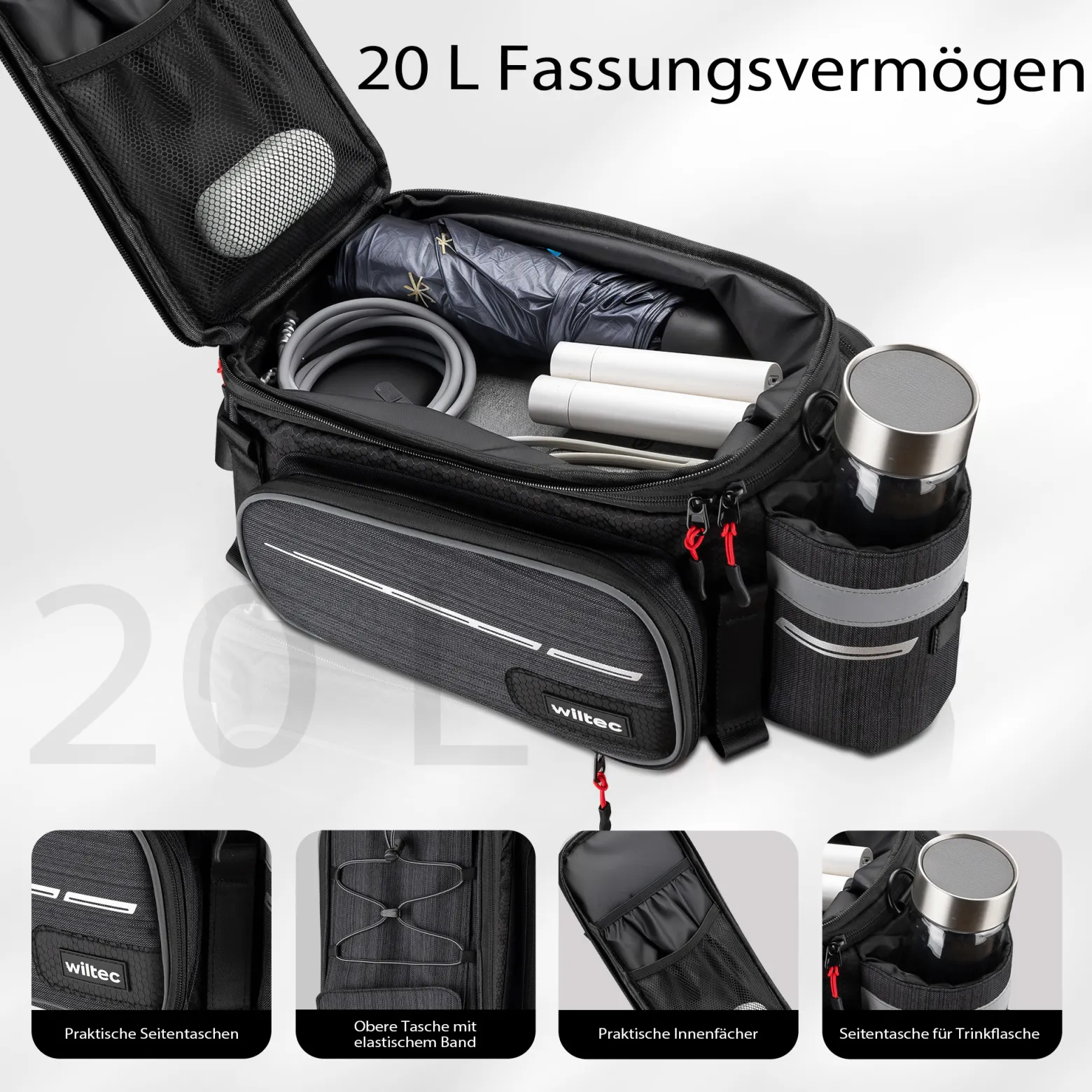 Wiltec Gepäckträgertasche schwarz, Fahrradtasche Gepäckträger bis 20 l Stauraum, wasserresistente Fahrrad Tasche, Gepäcktasche leichte Handhabung