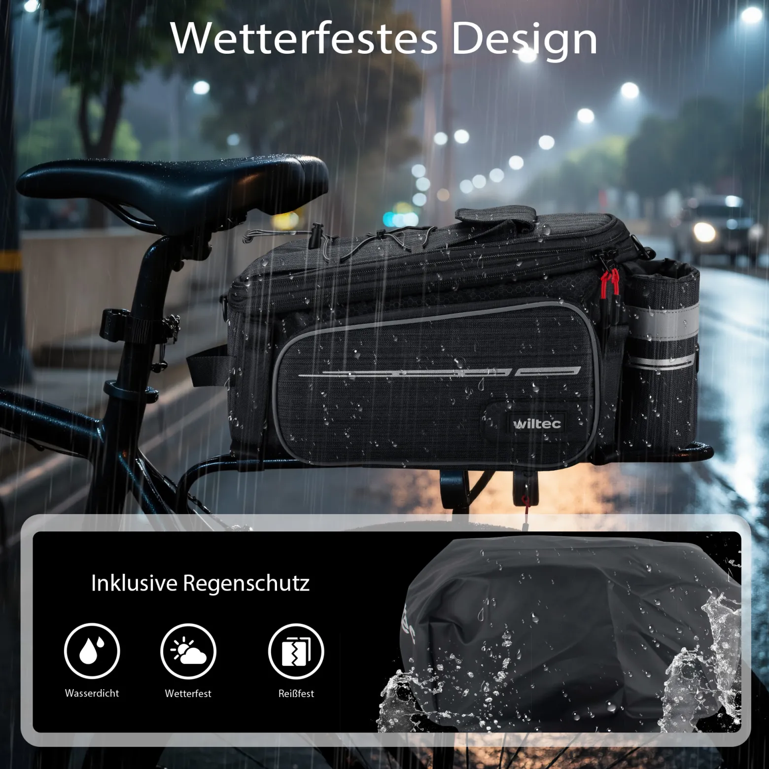 Wiltec Gepäckträgertasche schwarz, Fahrradtasche Gepäckträger bis 20 l Stauraum, wasserresistente Fahrrad Tasche, Gepäcktasche leichte Handhabung
