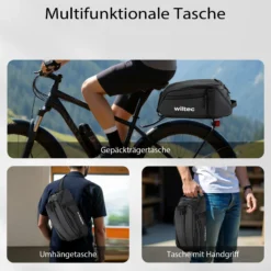 Wiltec Gepäckträgertasche schwarz, Fahrradtasche Gepäckträger 8 l Stauraum, Gepäcktasche mit Tragegurt, Fahrrad Tasche wasserresistent mit Reflektoren