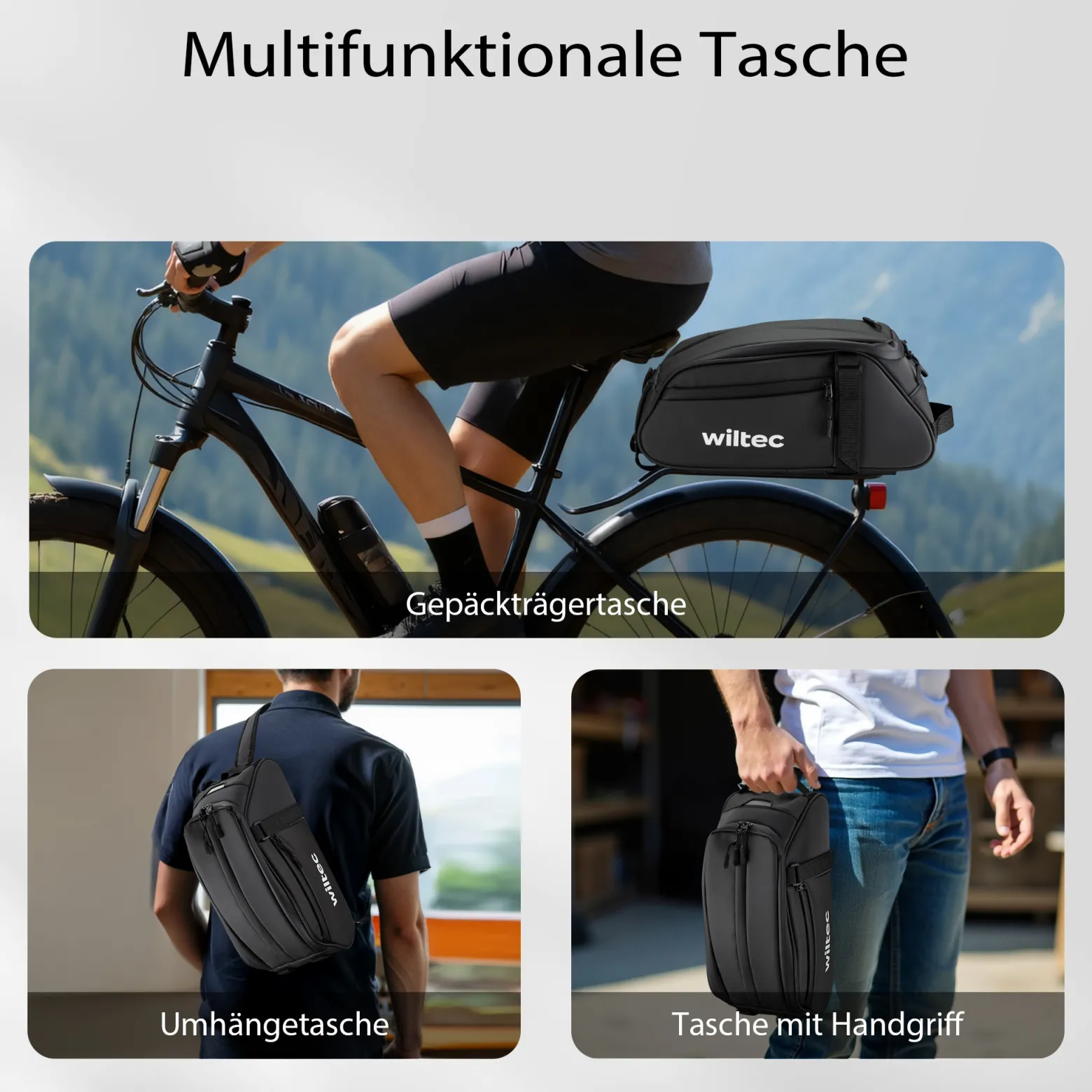 Wiltec Gepäckträgertasche schwarz, Fahrradtasche Gepäckträger 8 l Stauraum, Gepäcktasche mit Tragegurt, Fahrrad Tasche wasserresistent mit Reflektoren