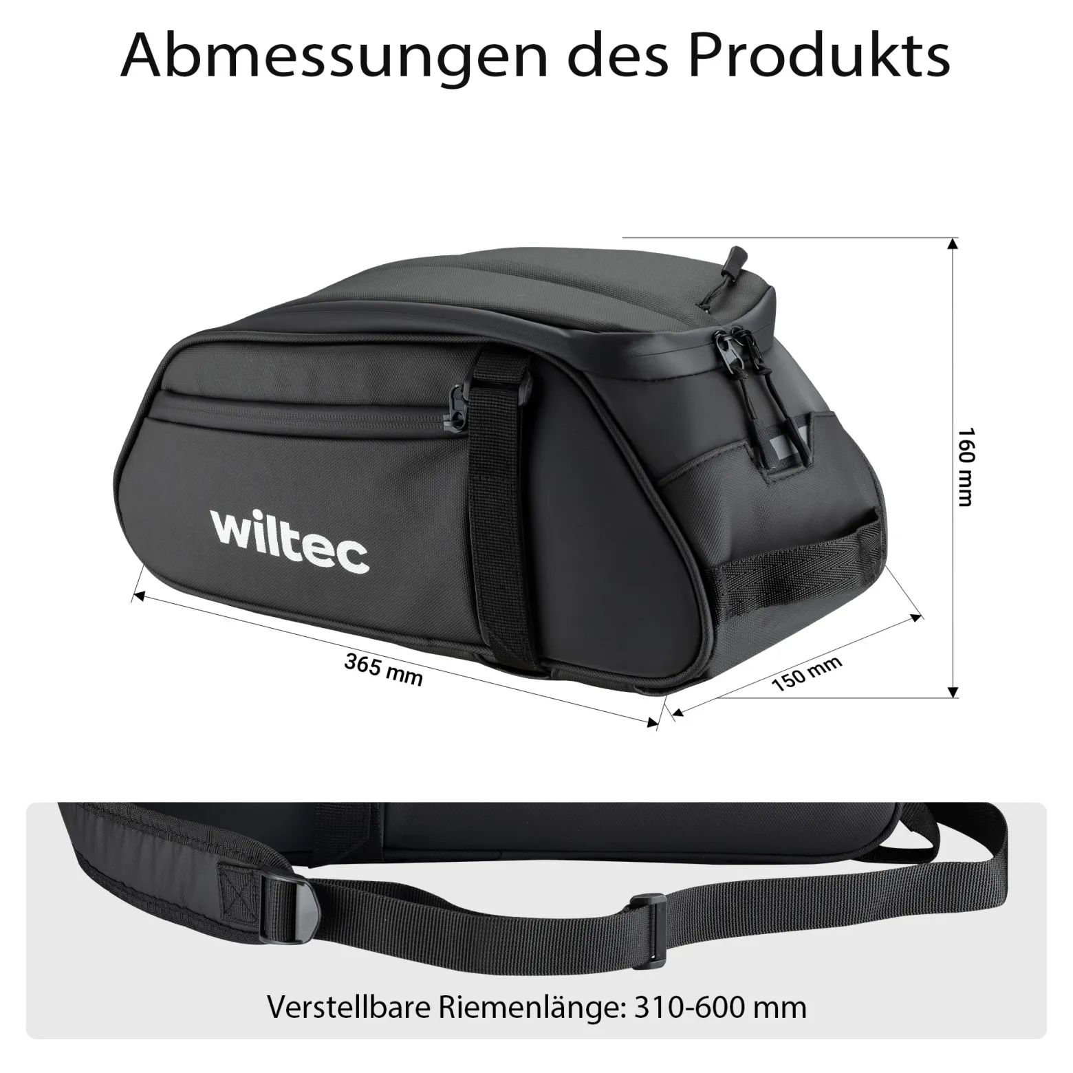 Wiltec Gepäckträgertasche schwarz, Fahrradtasche Gepäckträger 8 l Stauraum, Gepäcktasche mit Tragegurt, Fahrrad Tasche wasserresistent mit Reflektoren
