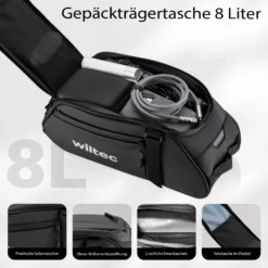 Wiltec Gepäckträgertasche schwarz, Fahrradtasche Gepäckträger 8 l Stauraum, Gepäcktasche mit Tragegurt, Fahrrad Tasche wasserresistent mit Reflektoren