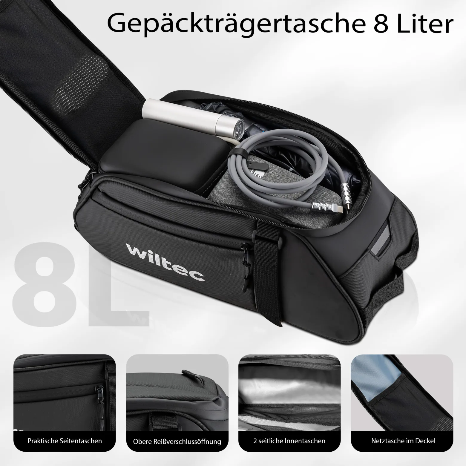 Wiltec Gepäckträgertasche schwarz, Fahrradtasche Gepäckträger 8 l Stauraum, Gepäcktasche mit Tragegurt, Fahrrad Tasche wasserresistent mit Reflektoren