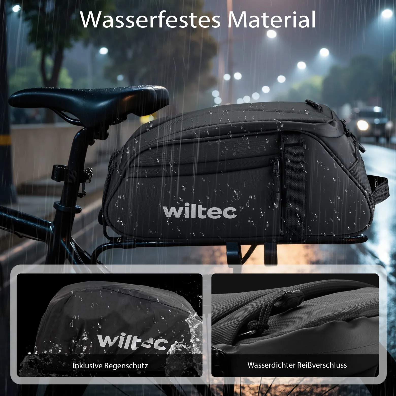 Wiltec Gepäckträgertasche schwarz, Fahrradtasche Gepäckträger 8 l Stauraum, Gepäcktasche mit Tragegurt, Fahrrad Tasche wasserresistent mit Reflektoren