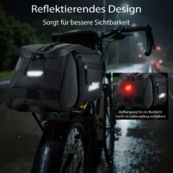 Wiltec Gepäckträgertasche schwarz, Fahrradtasche Gepäckträger 8 l Stauraum, Gepäcktasche mit Tragegurt, Fahrrad Tasche wasserresistent mit Reflektoren