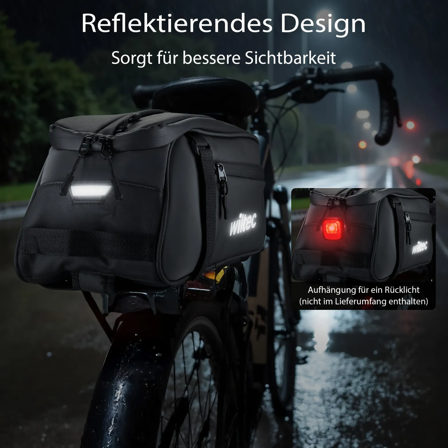 Wiltec Gepäckträgertasche schwarz, Fahrradtasche Gepäckträger 8 l Stauraum, Gepäcktasche mit Tragegurt, Fahrrad Tasche wasserresistent mit Reflektoren
