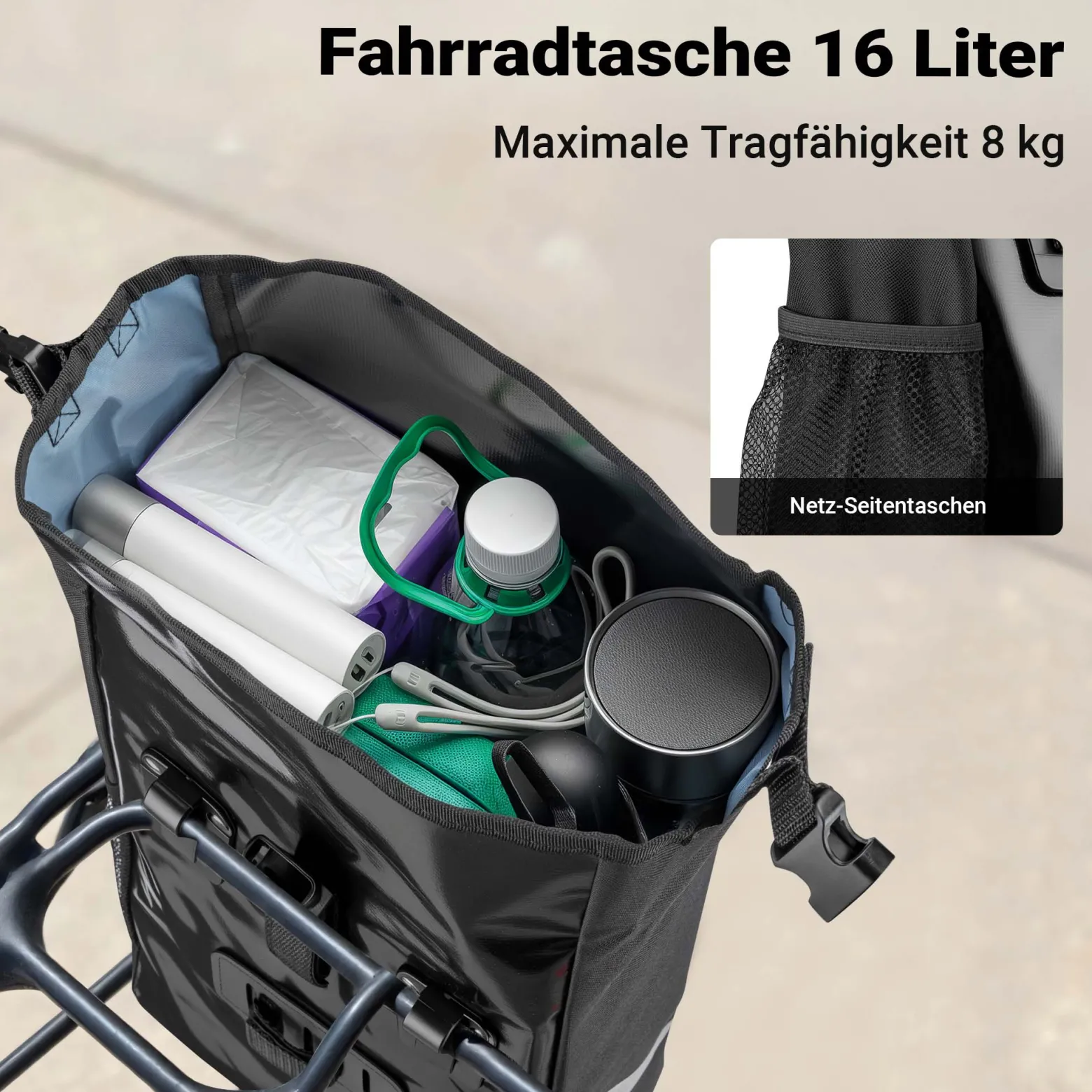Wiltec Gepäckträgertasche schwarz, Fahrradtasche Gepäckträger 16 l Stauraum, Gepäcktasche mit Tragegurt, wasserresistente Fahrrad Tasche