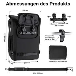 Wiltec Gepäckträgertasche schwarz, Fahrradtasche Rucksack 20 l Stauraum, Gepäcktasche mit Laptopfach, wasserresistente Fahrrad Tasche
