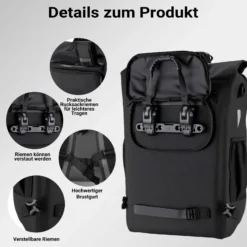 Wiltec Gepäckträgertasche schwarz, Fahrradtasche Rucksack 20 l Stauraum, Gepäcktasche mit Laptopfach, wasserresistente Fahrrad Tasche