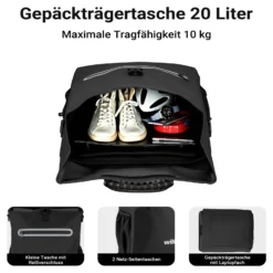 Wiltec Gepäckträgertasche schwarz, Fahrradtasche Rucksack 20 l Stauraum, Gepäcktasche mit Laptopfach, wasserresistente Fahrrad Tasche