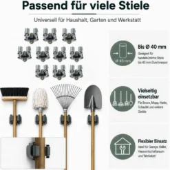 Wiltec Gerätehalter aus Stahl 10x mit Klemmhalter als Wandhalterung Gerätehalter Besenhalter zur Wandmontage in Garage Werkstatt Keller