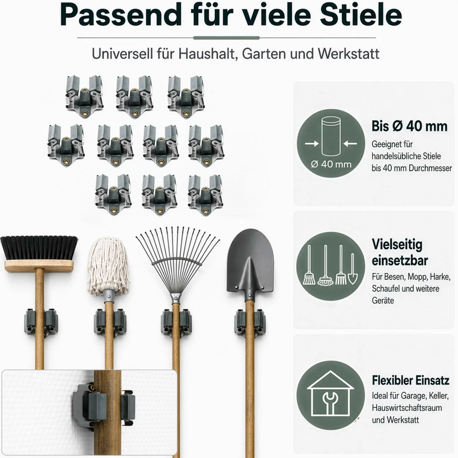 Wiltec Gerätehalter aus Stahl 10x mit Klemmhalter als Wandhalterung Gerätehalter Besenhalter zur Wandmontage in Garage Werkstatt Keller
