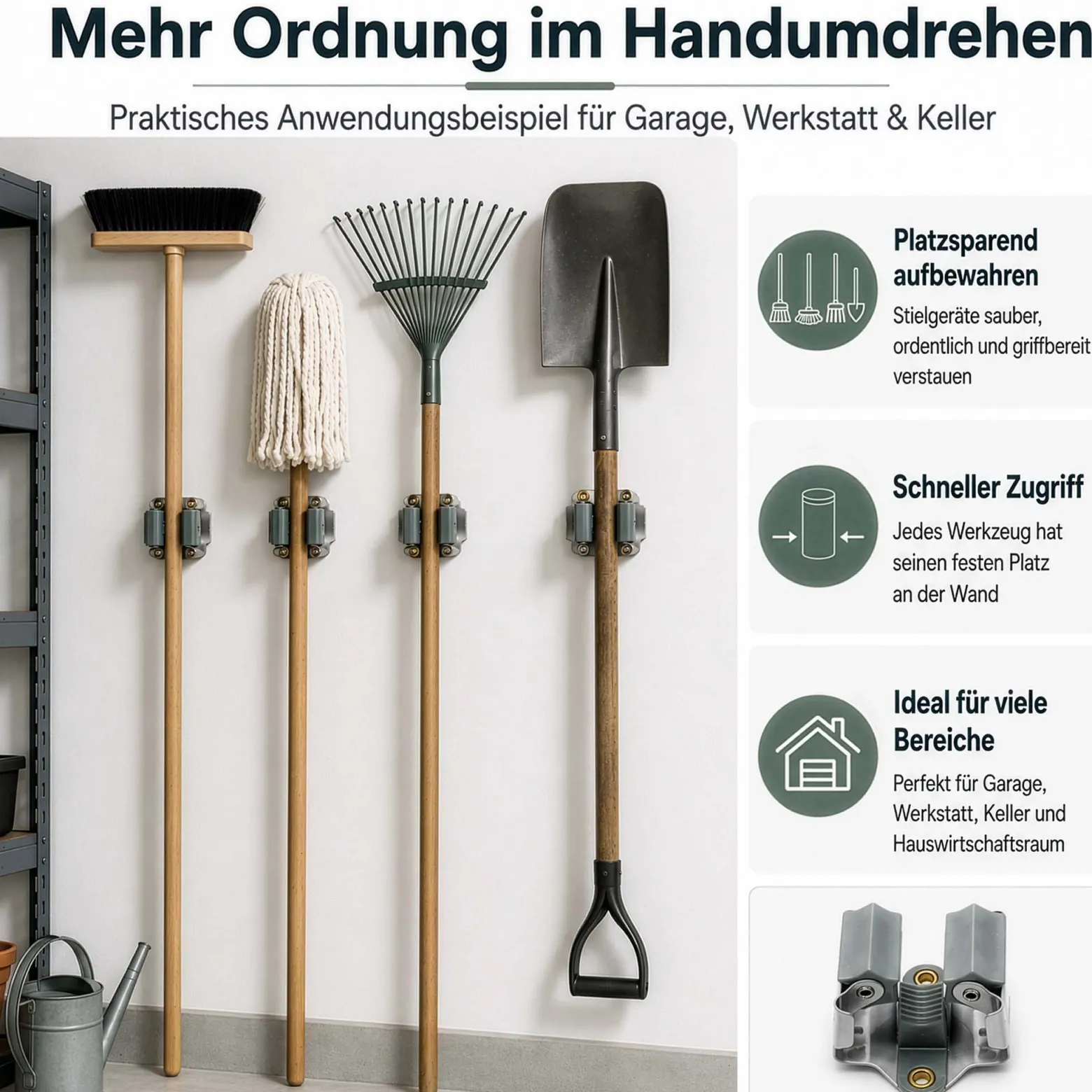 Wiltec Gerätehalter aus Stahl 10x mit Klemmhalter als Wandhalterung Gerätehalter Besenhalter zur Wandmontage in Garage Werkstatt Keller