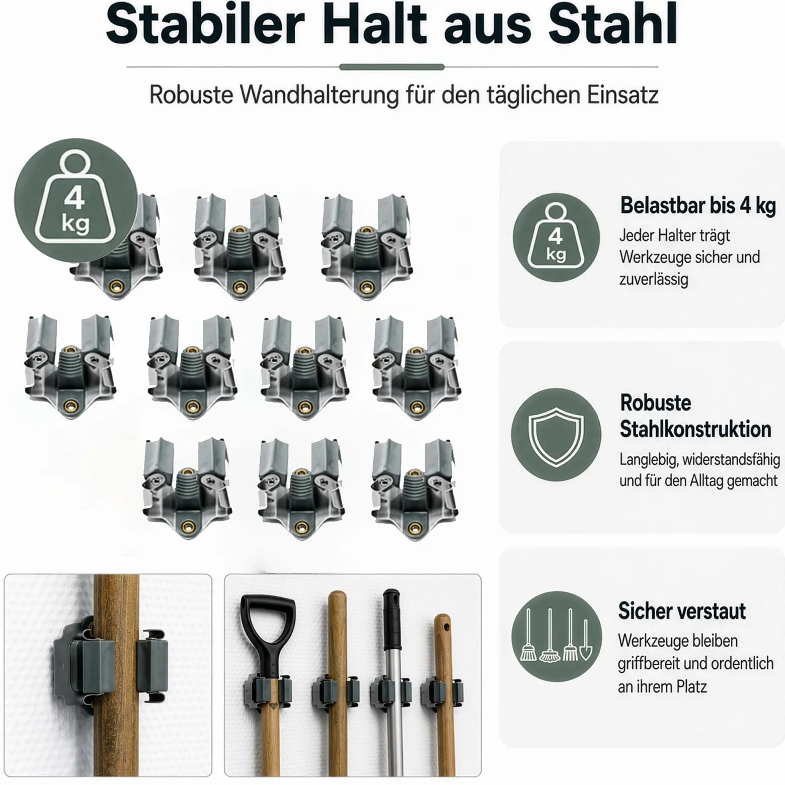 Wiltec Gerätehalter aus Stahl 10x mit Klemmhalter als Wandhalterung Gerätehalter Besenhalter zur Wandmontage in Garage Werkstatt Keller