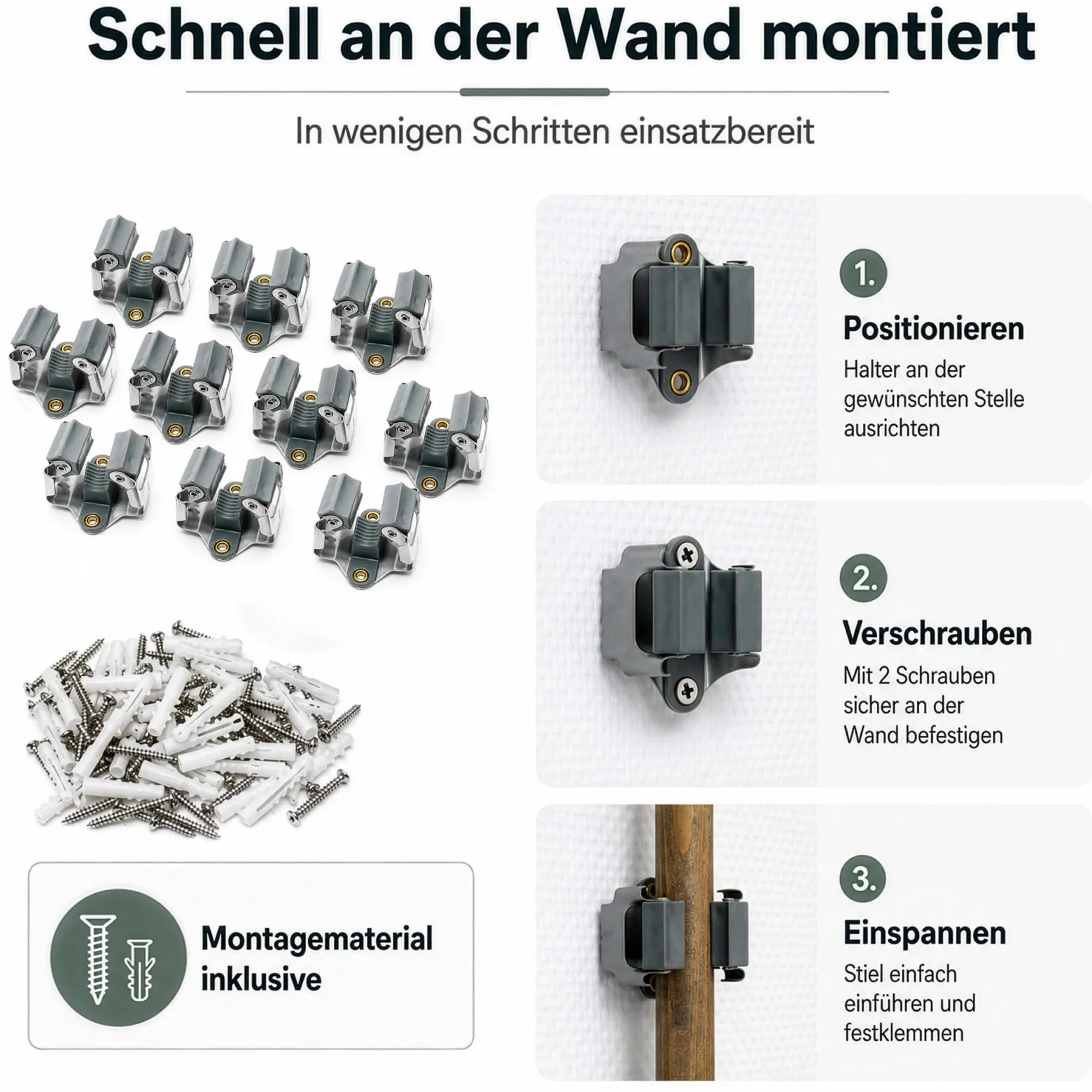 Wiltec Gerätehalter aus Stahl 10x mit Klemmhalter als Wandhalterung Gerätehalter Besenhalter zur Wandmontage in Garage Werkstatt Keller