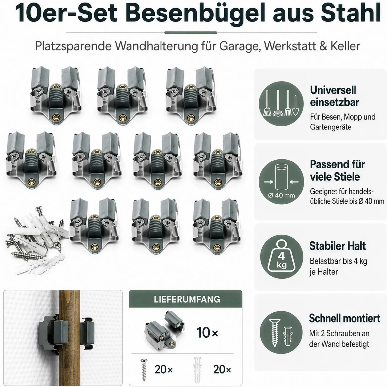 Wiltec Gerätehalter aus Stahl 10x mit Klemmhalter als Wandhalterung Gerätehalter Besenhalter zur Wandmontage in Garage Werkstatt Keller