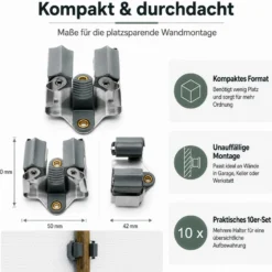 Wiltec Gerätehalter aus Stahl 10x mit Klemmhalter als Wandhalterung Gerätehalter Besenhalter zur Wandmontage in Garage Werkstatt Keller