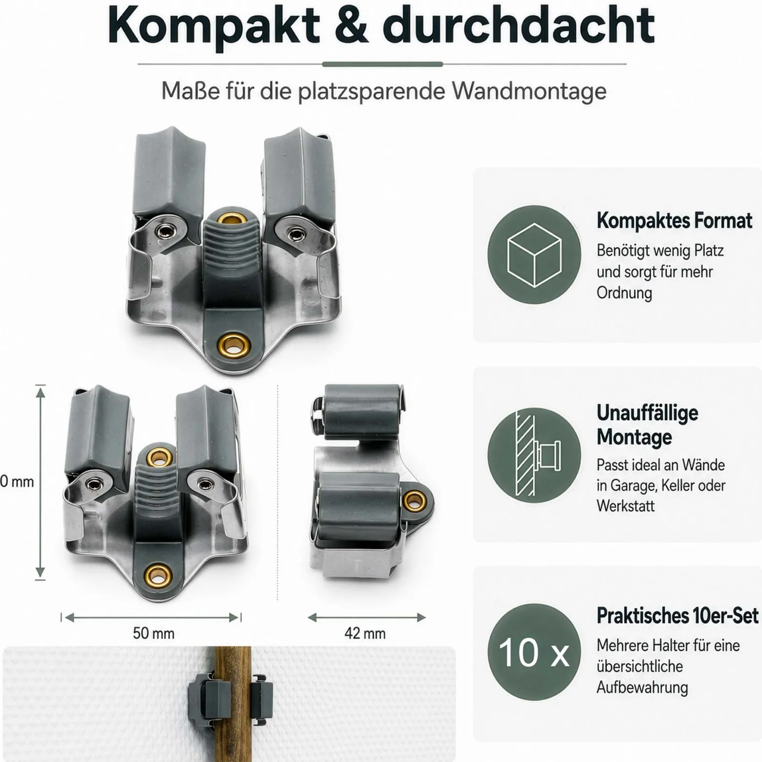 Wiltec Gerätehalter aus Stahl 10x mit Klemmhalter als Wandhalterung Gerätehalter Besenhalter zur Wandmontage in Garage Werkstatt Keller