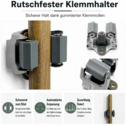 Wiltec Gerätehalter aus Stahl 5x mit Klemmhalter als Wandhalterung Gerätehalter Besenhalter zur Wandmontage in Garage Werkstatt Keller